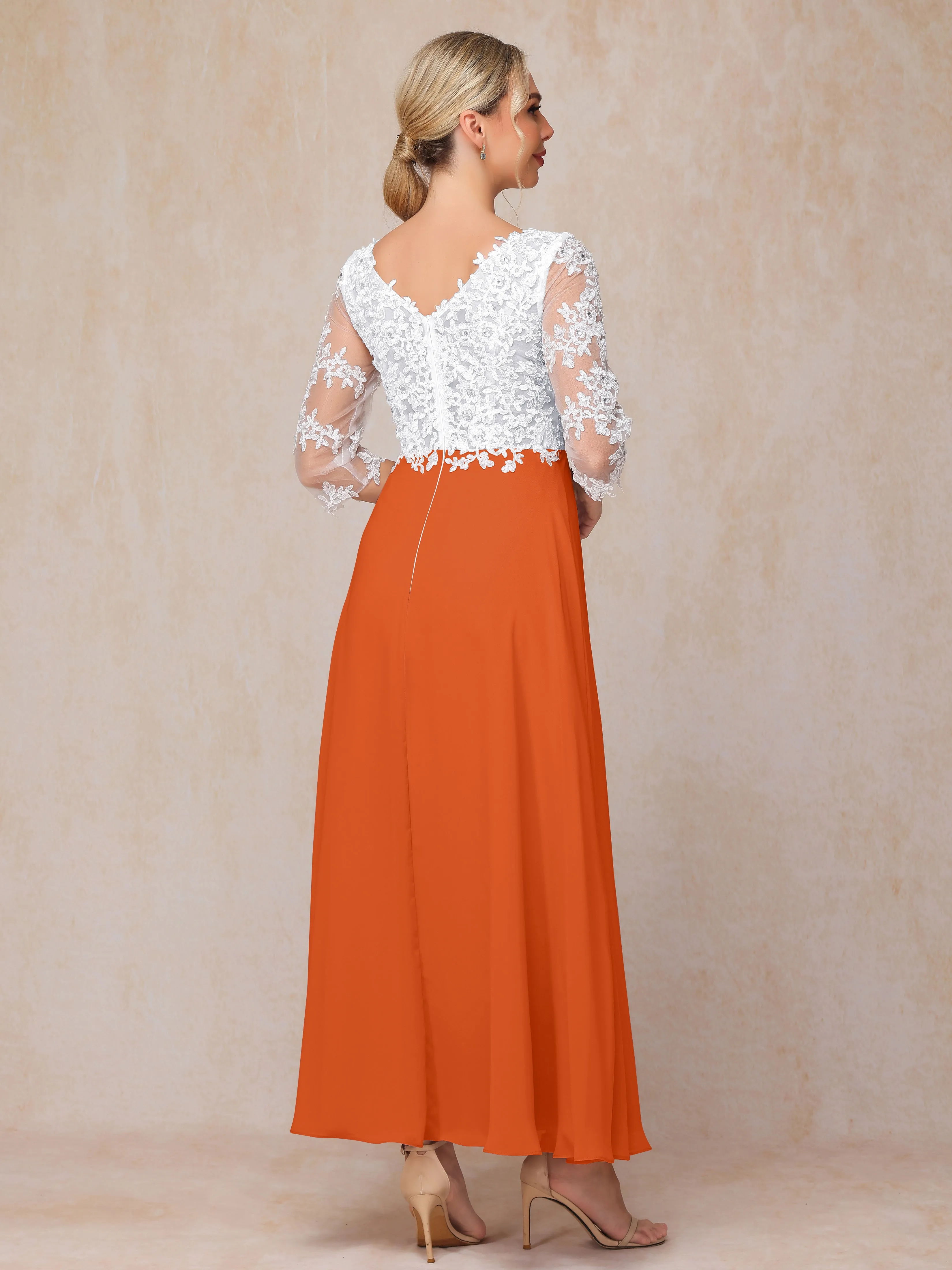 A-Line Lace Sleeves Long Chiffon Mother of the Bride Dress