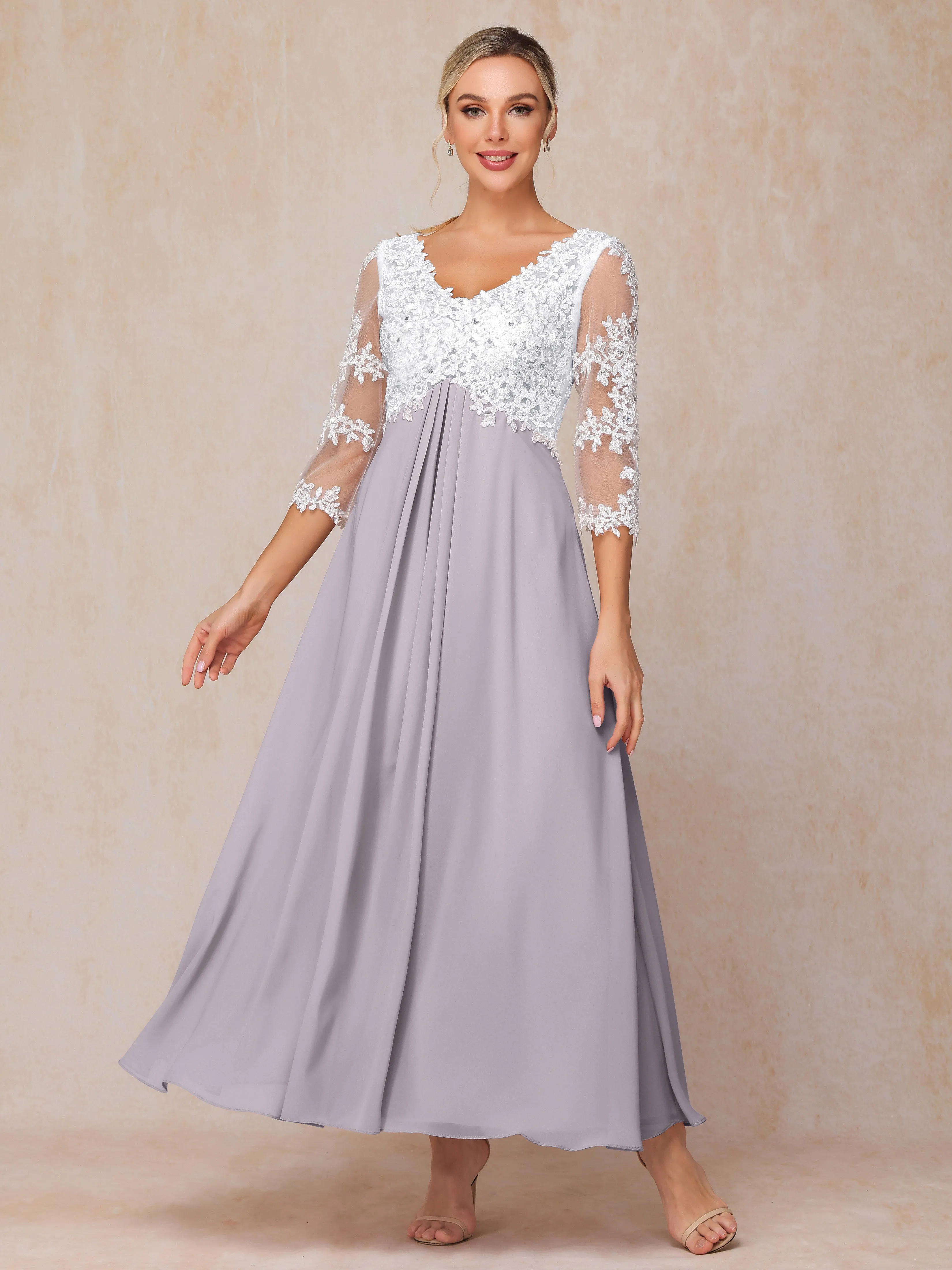 A-Line Lace Sleeves Long Chiffon Mother of the Bride Dress