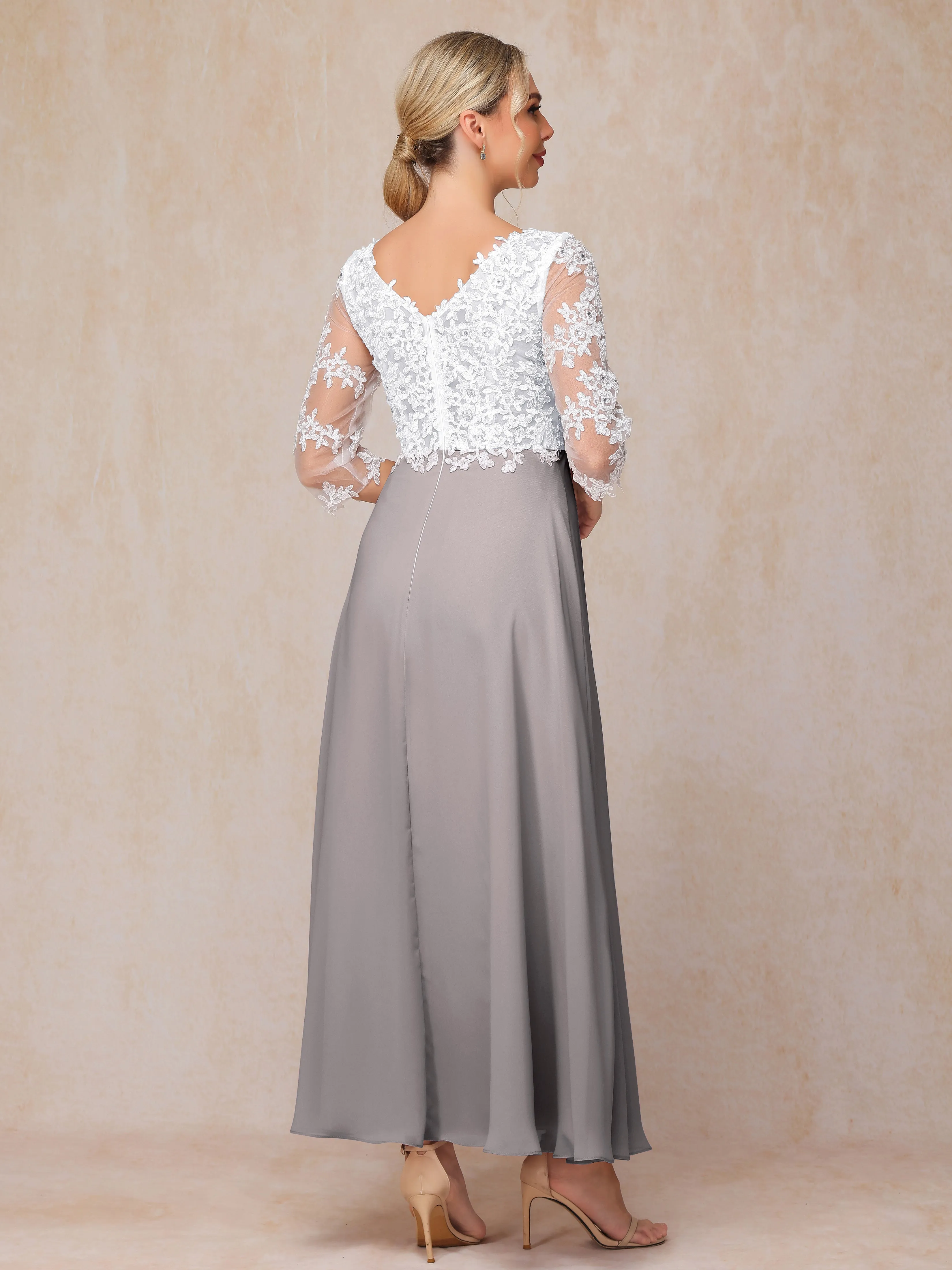 A-Line Lace Sleeves Long Chiffon Mother of the Bride Dress