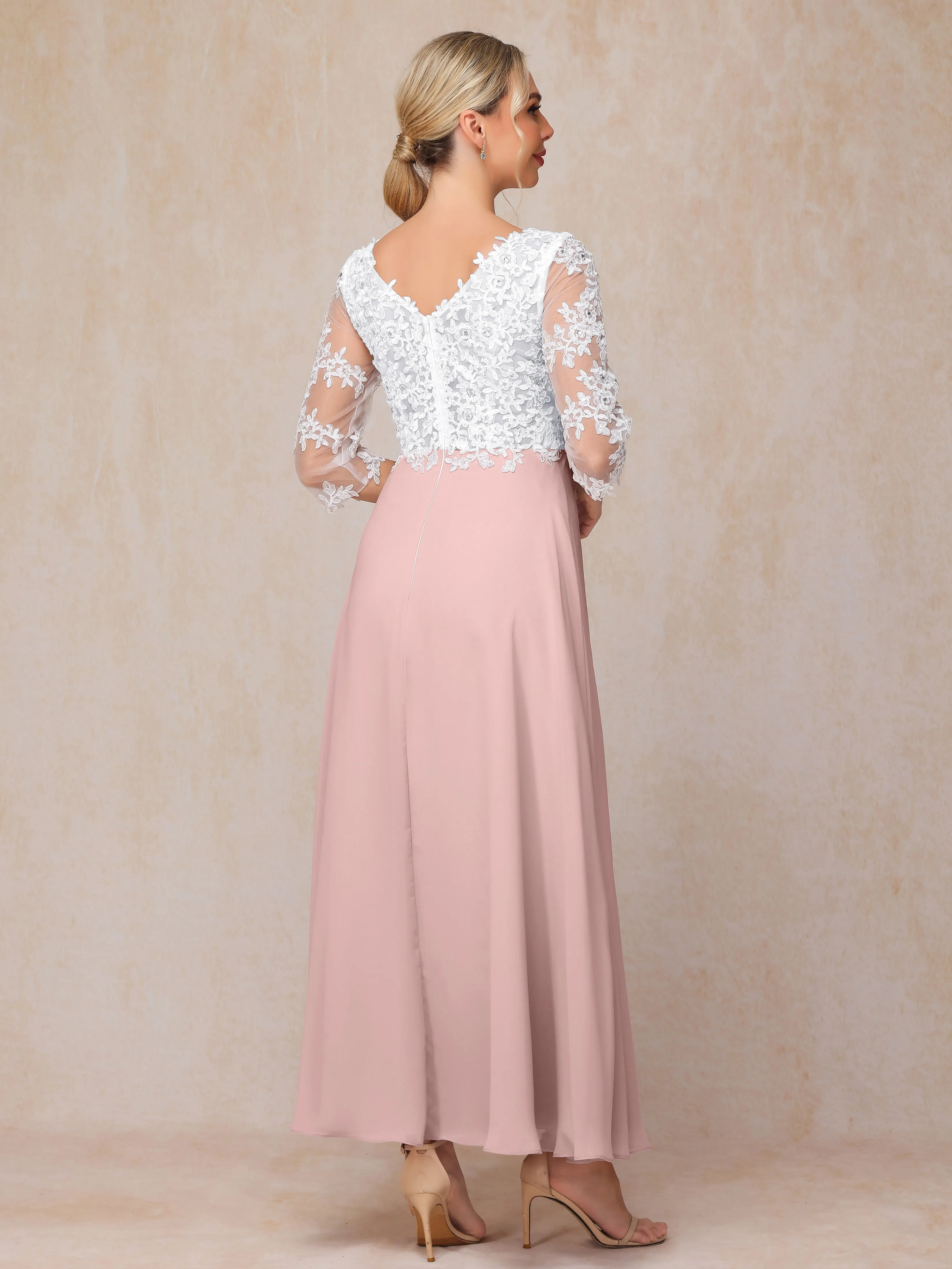 A-Line Lace Sleeves Long Chiffon Mother of the Bride Dress