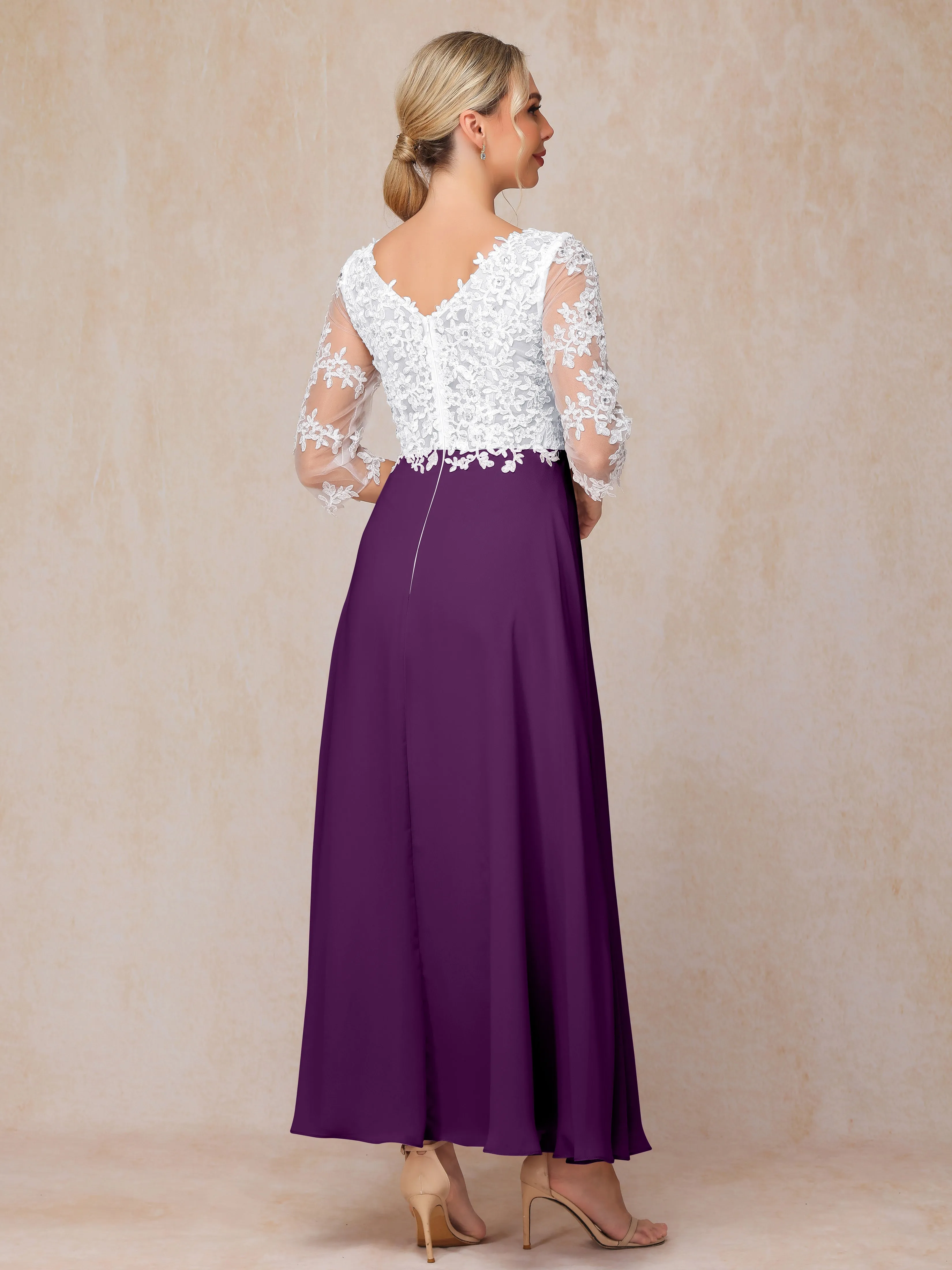 A-Line Lace Sleeves Long Chiffon Mother of the Bride Dress