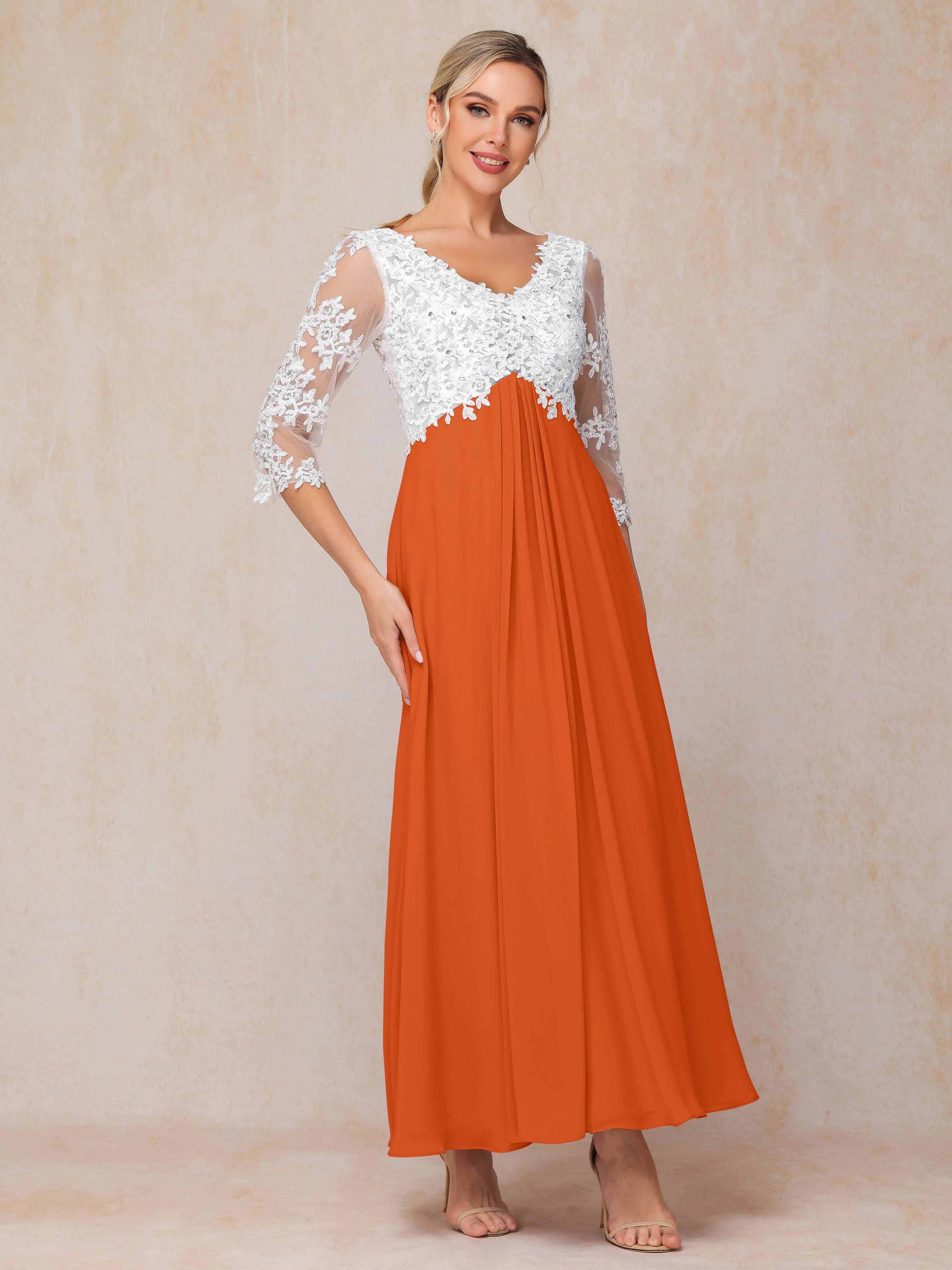 A-Line Lace Sleeves Long Chiffon Mother of the Bride Dress