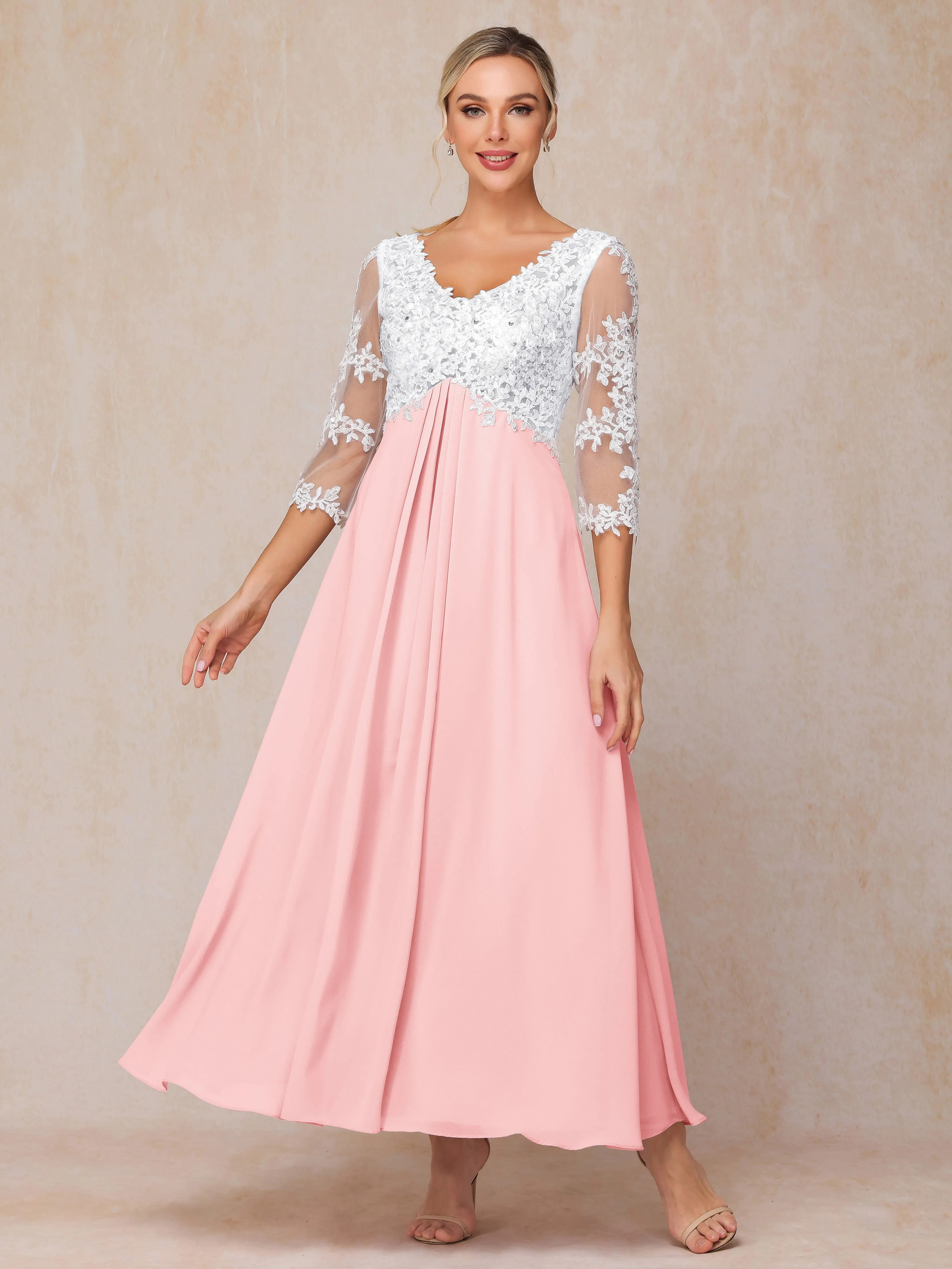 A-Line Lace Sleeves Long Chiffon Mother of the Bride Dress