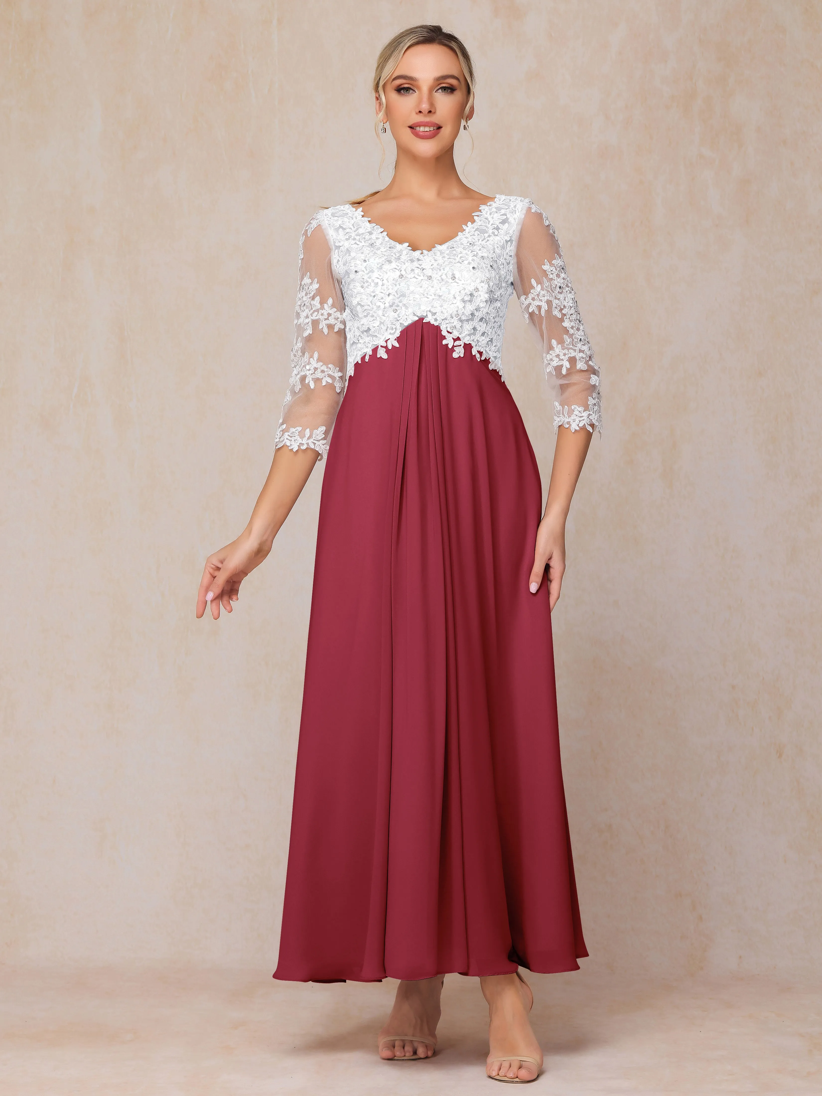 A-Line Lace Sleeves Long Chiffon Mother of the Bride Dress