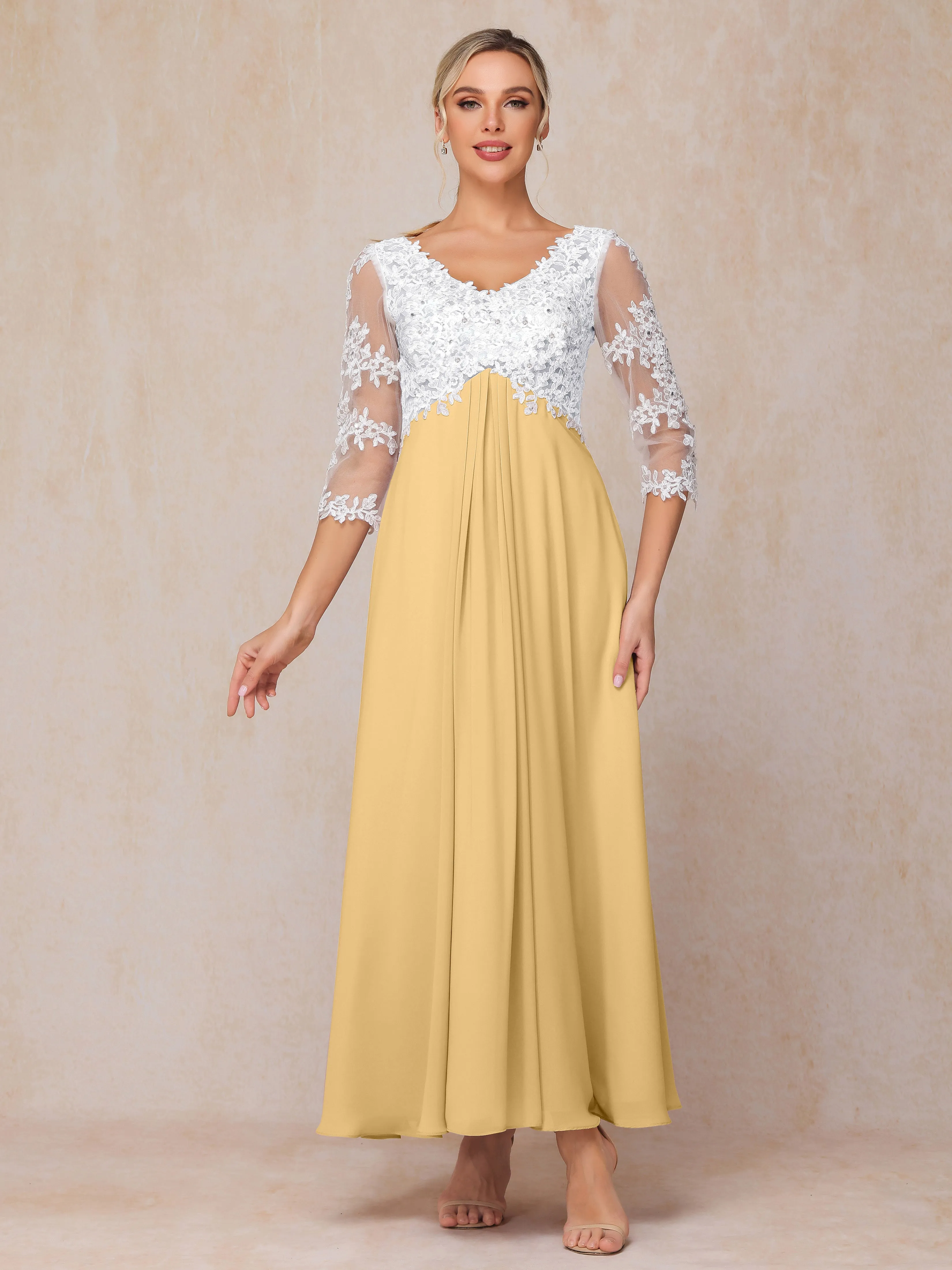 A-Line Lace Sleeves Long Chiffon Mother of the Bride Dress