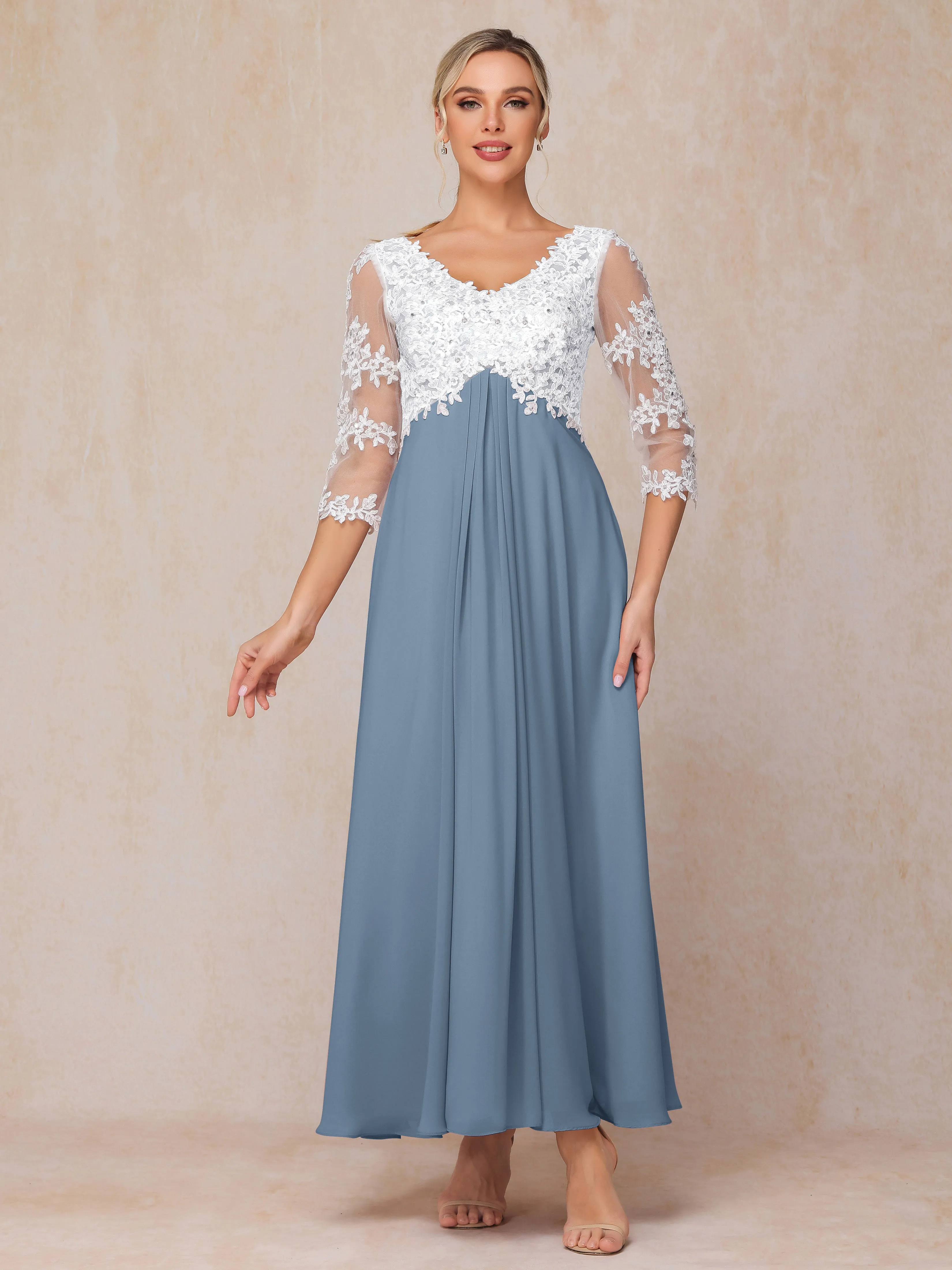 A-Line Lace Sleeves Long Chiffon Mother of the Bride Dress