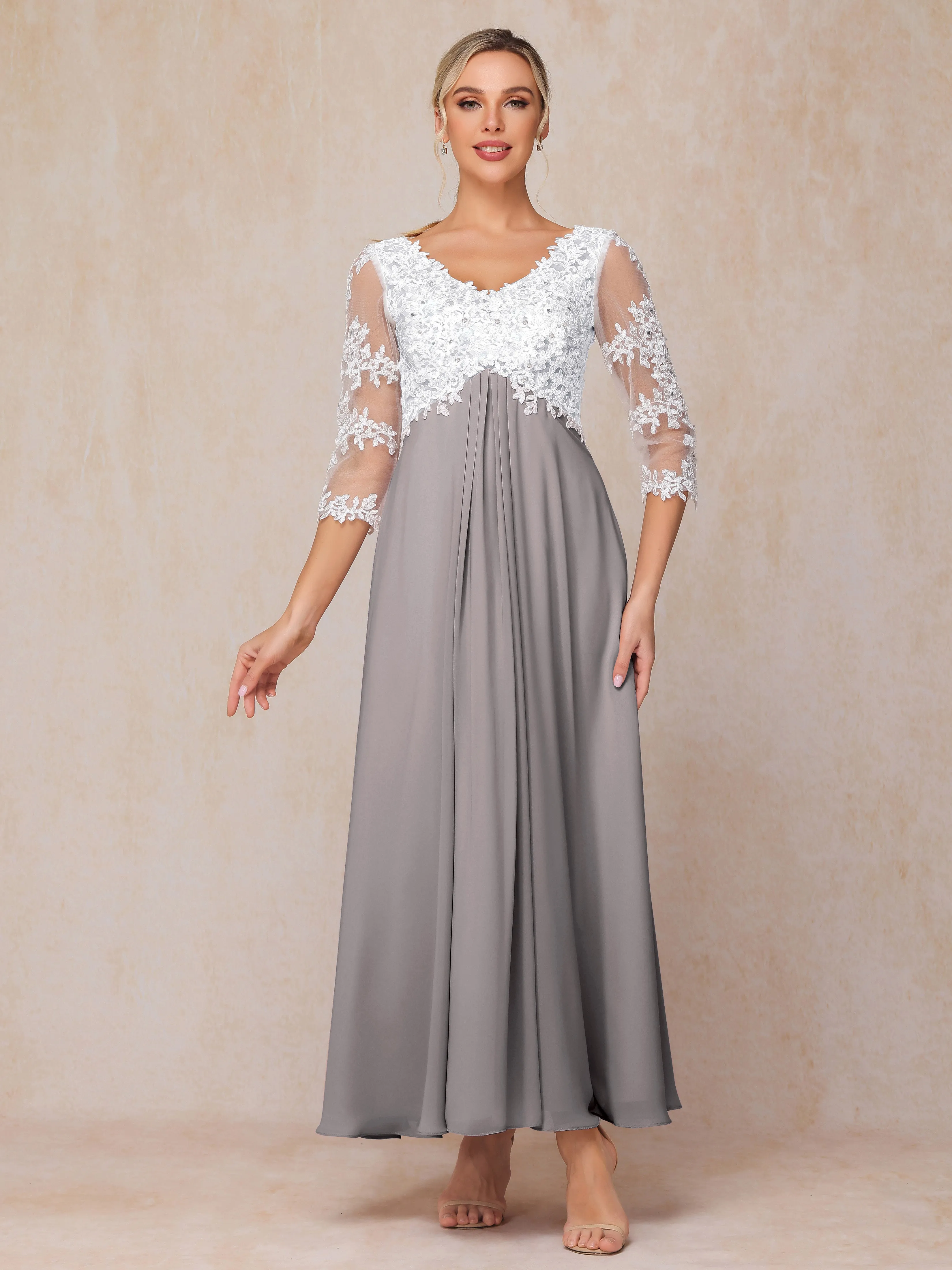 A-Line Lace Sleeves Long Chiffon Mother of the Bride Dress