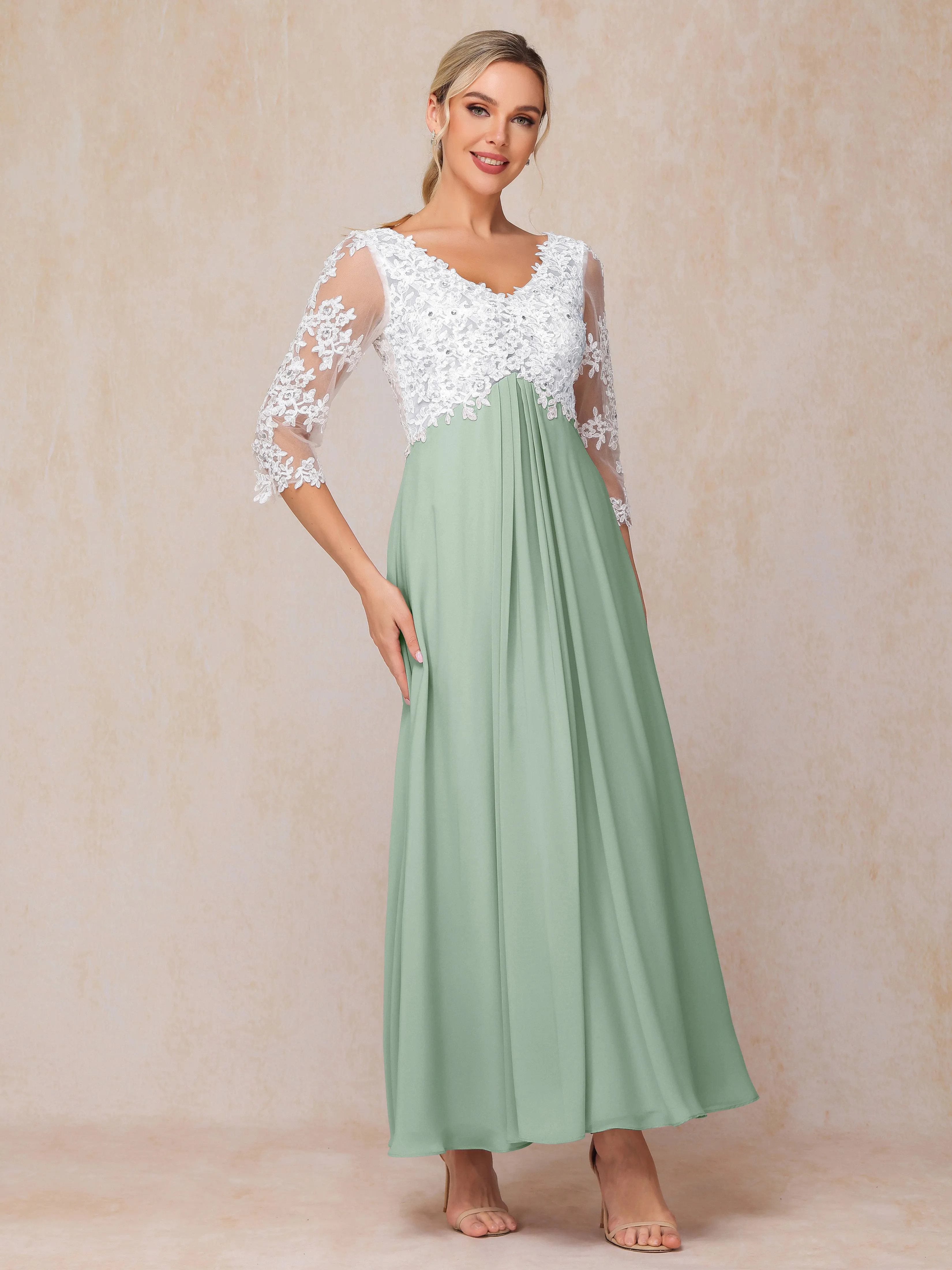 A-Line Lace Sleeves Long Chiffon Mother of the Bride Dress