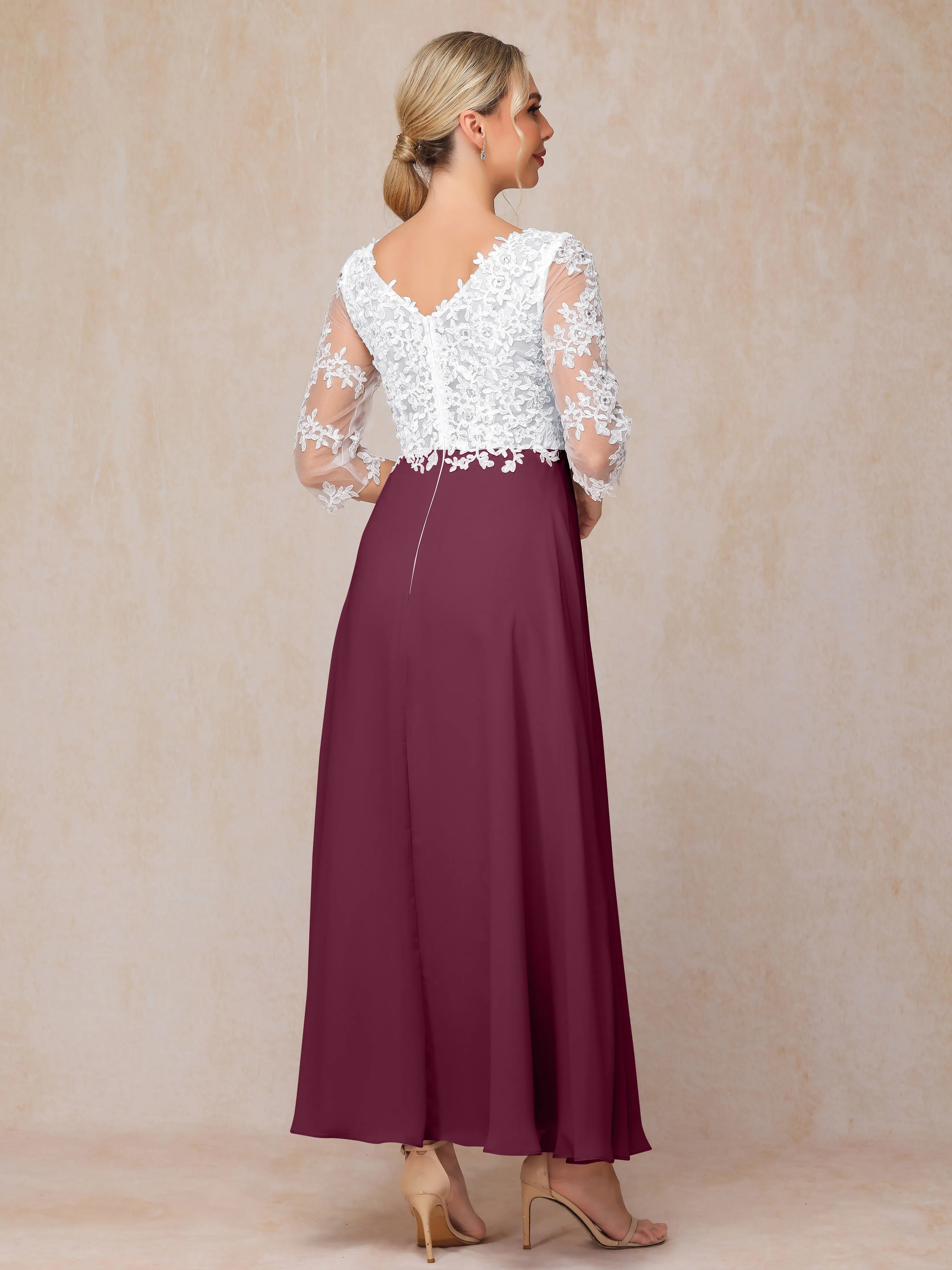 A-Line Lace Sleeves Long Chiffon Mother of the Bride Dress