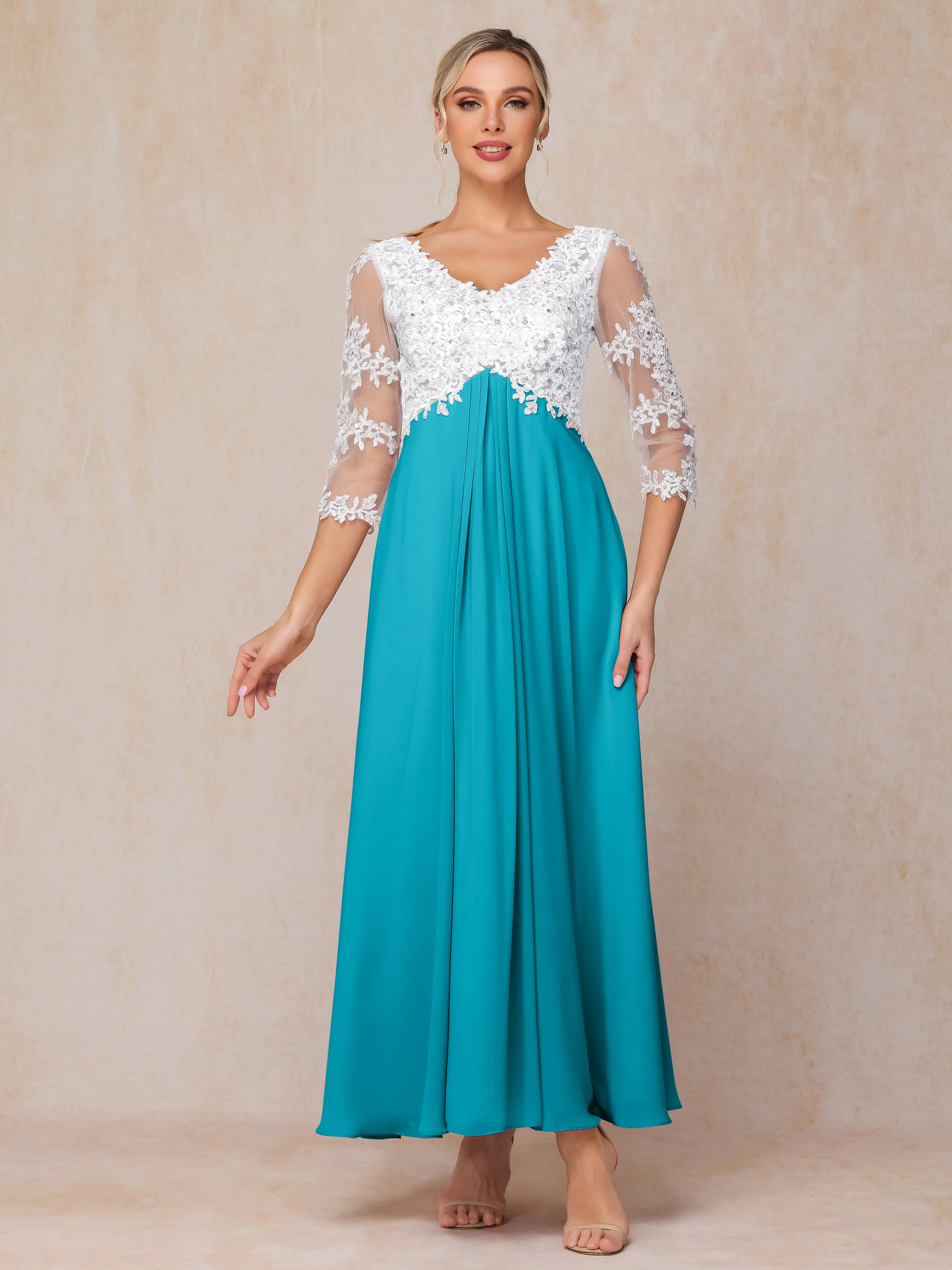 A-Line Lace Sleeves Long Chiffon Mother of the Bride Dress