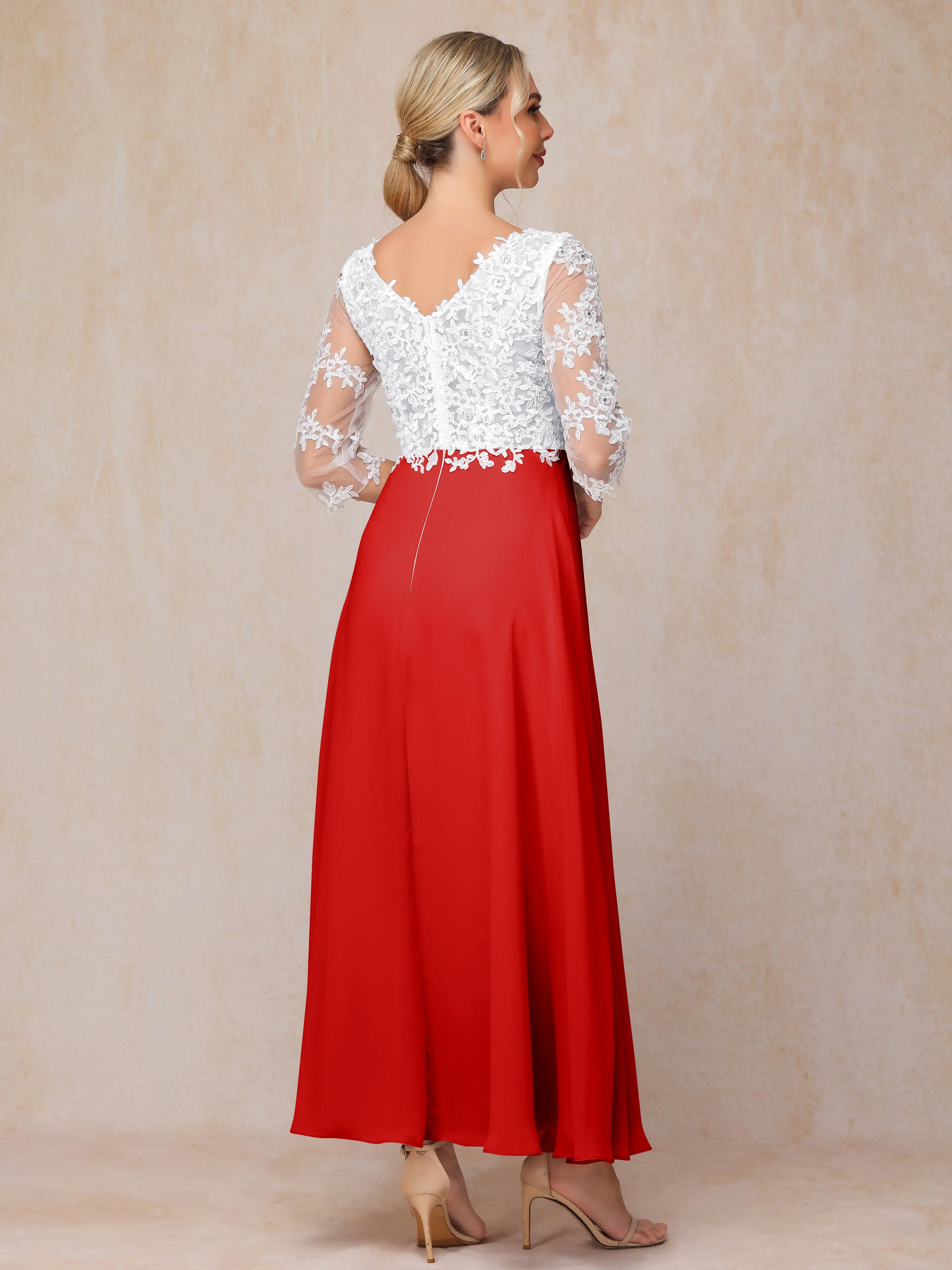 A-Line Lace Sleeves Long Chiffon Mother of the Bride Dress