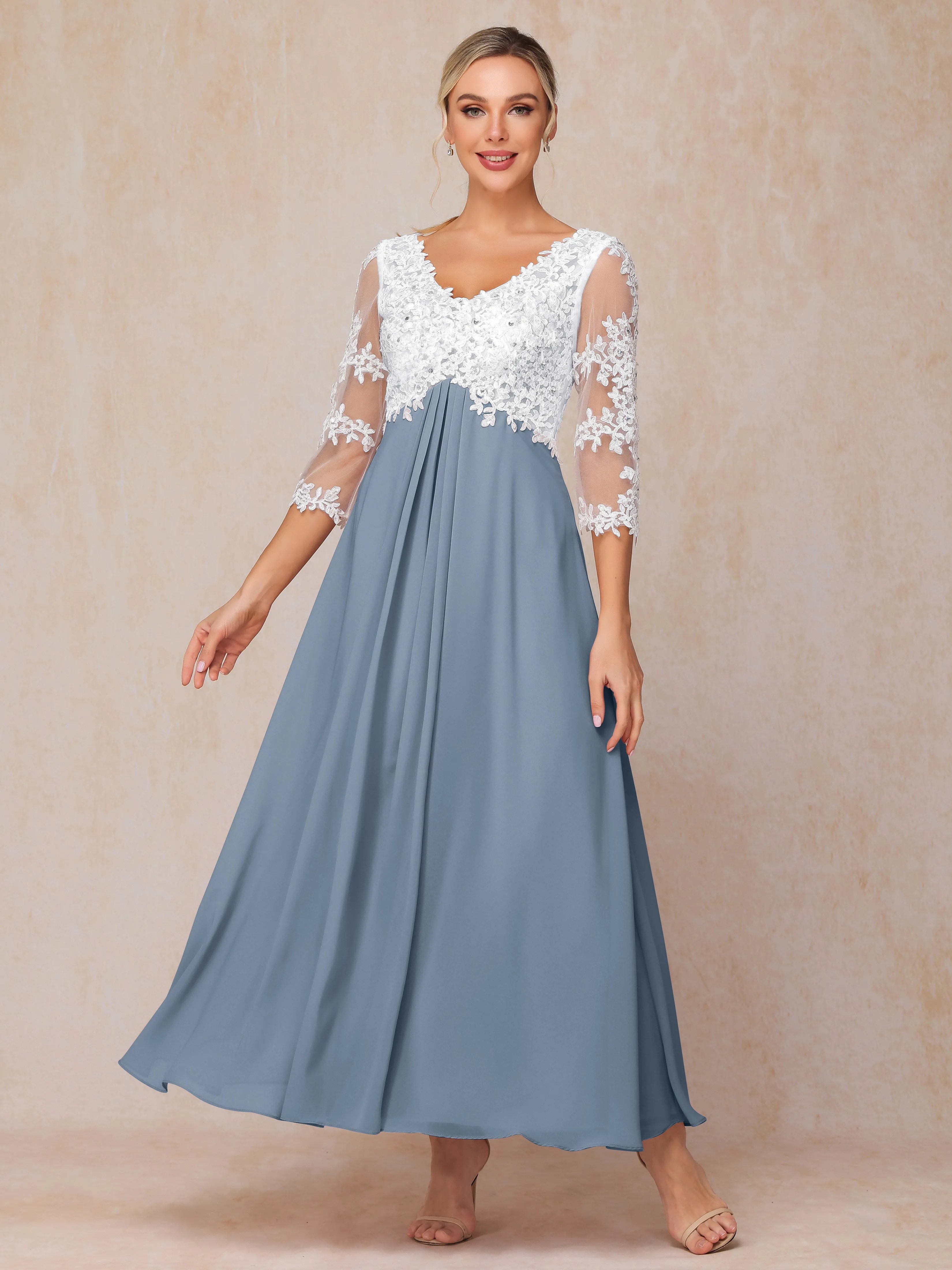 A-Line Lace Sleeves Long Chiffon Mother of the Bride Dress