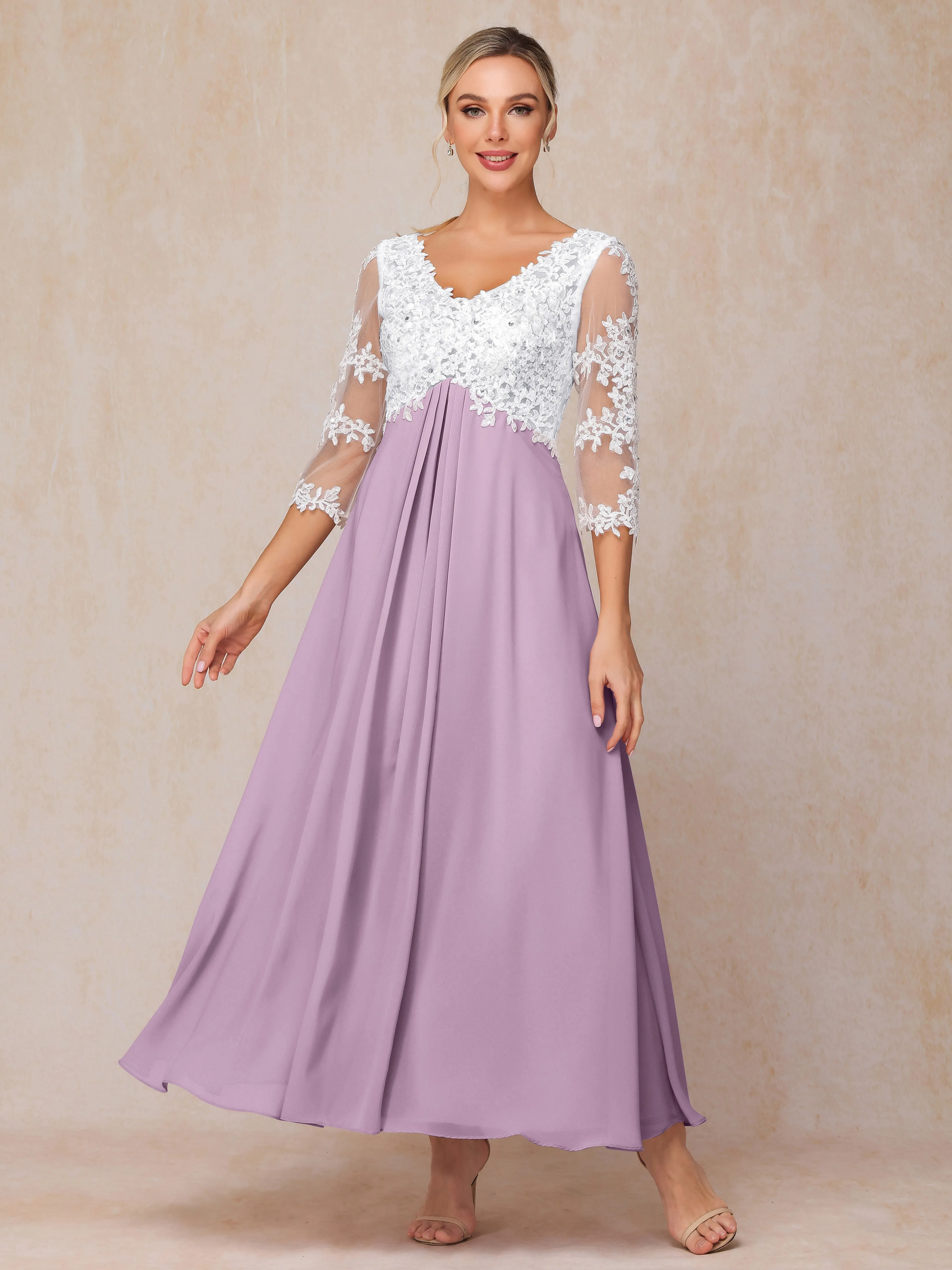 A-Line Lace Sleeves Long Chiffon Mother of the Bride Dress