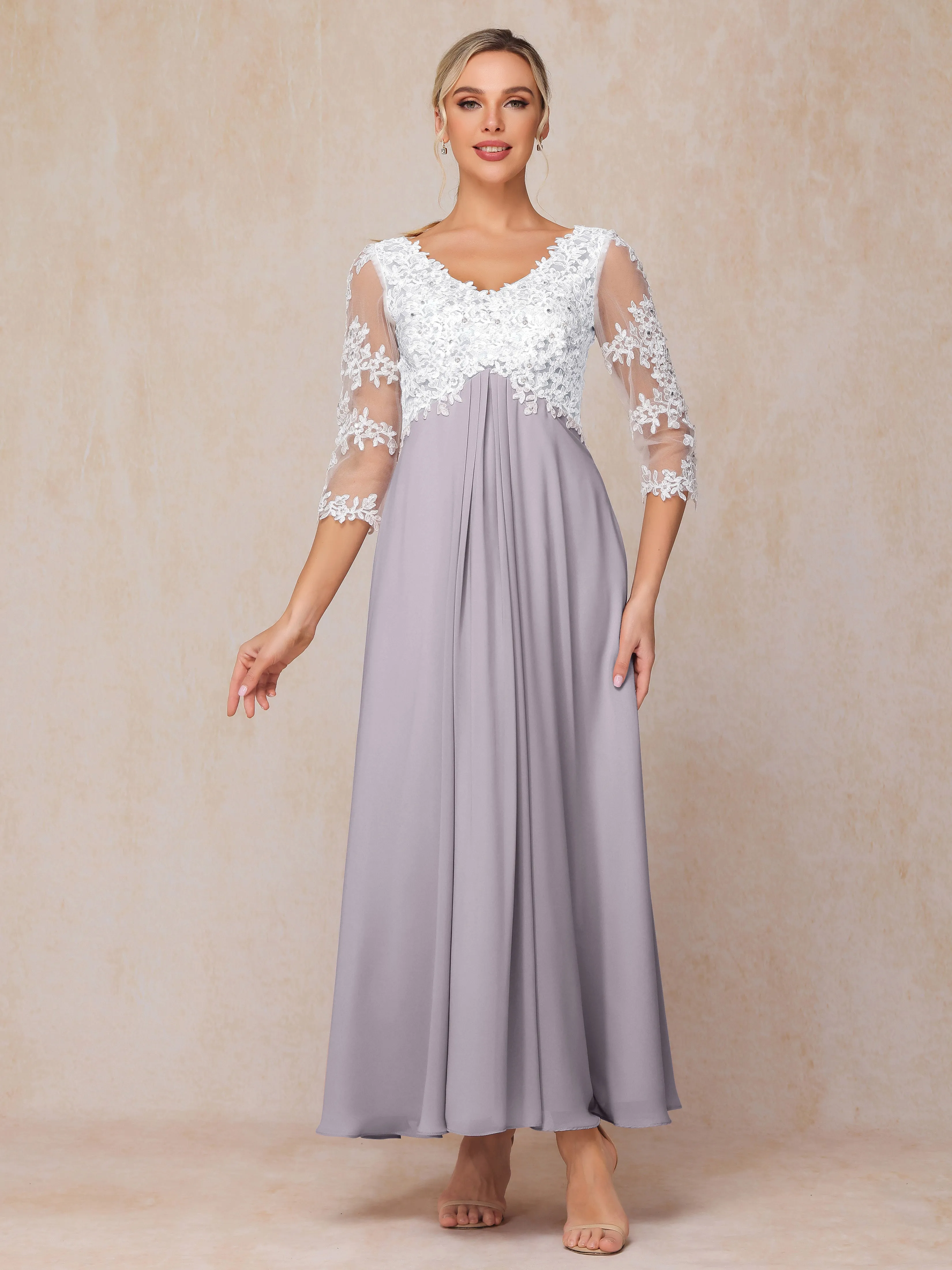 A-Line Lace Sleeves Long Chiffon Mother of the Bride Dress