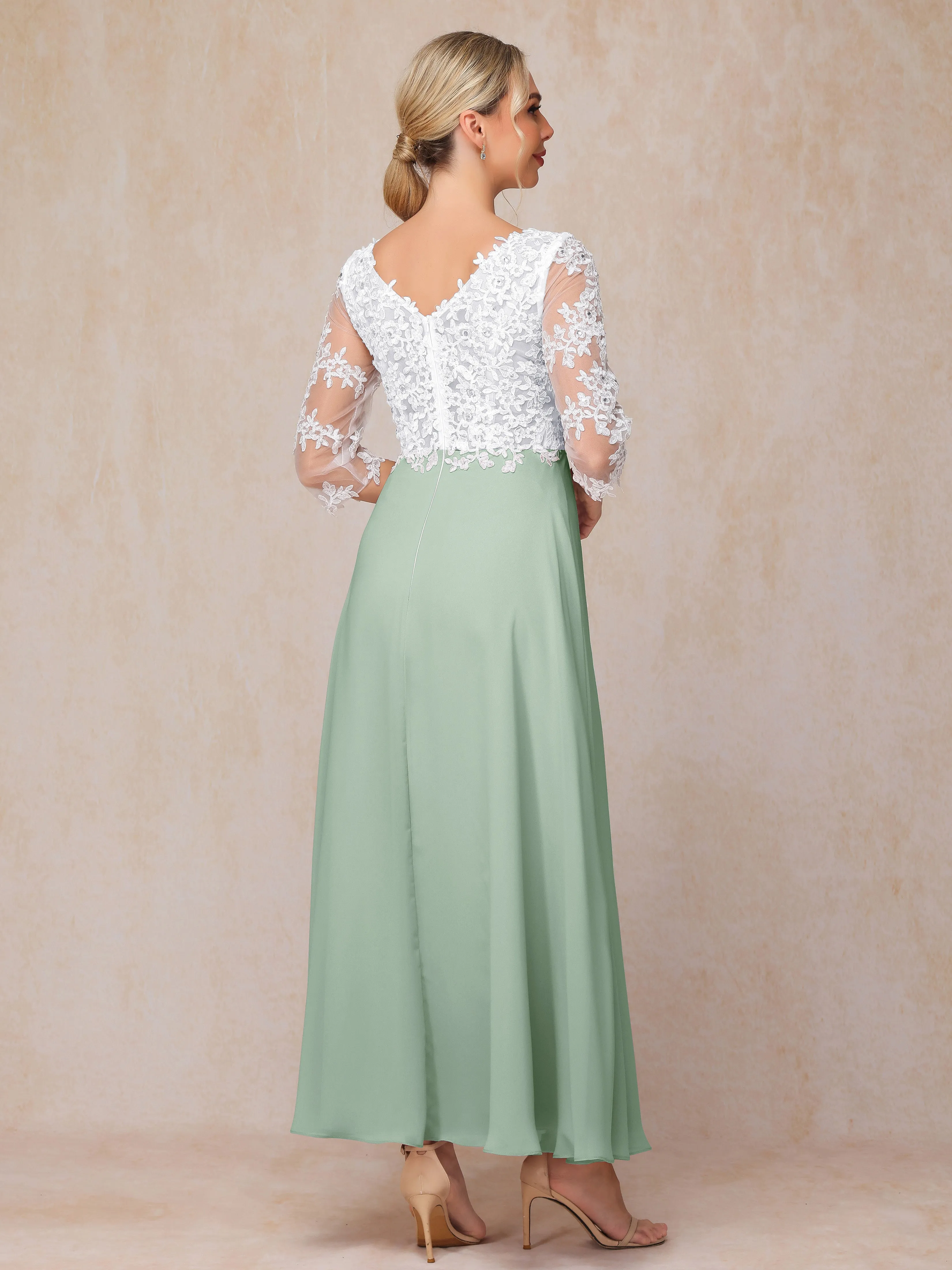 A-Line Lace Sleeves Long Chiffon Mother of the Bride Dress