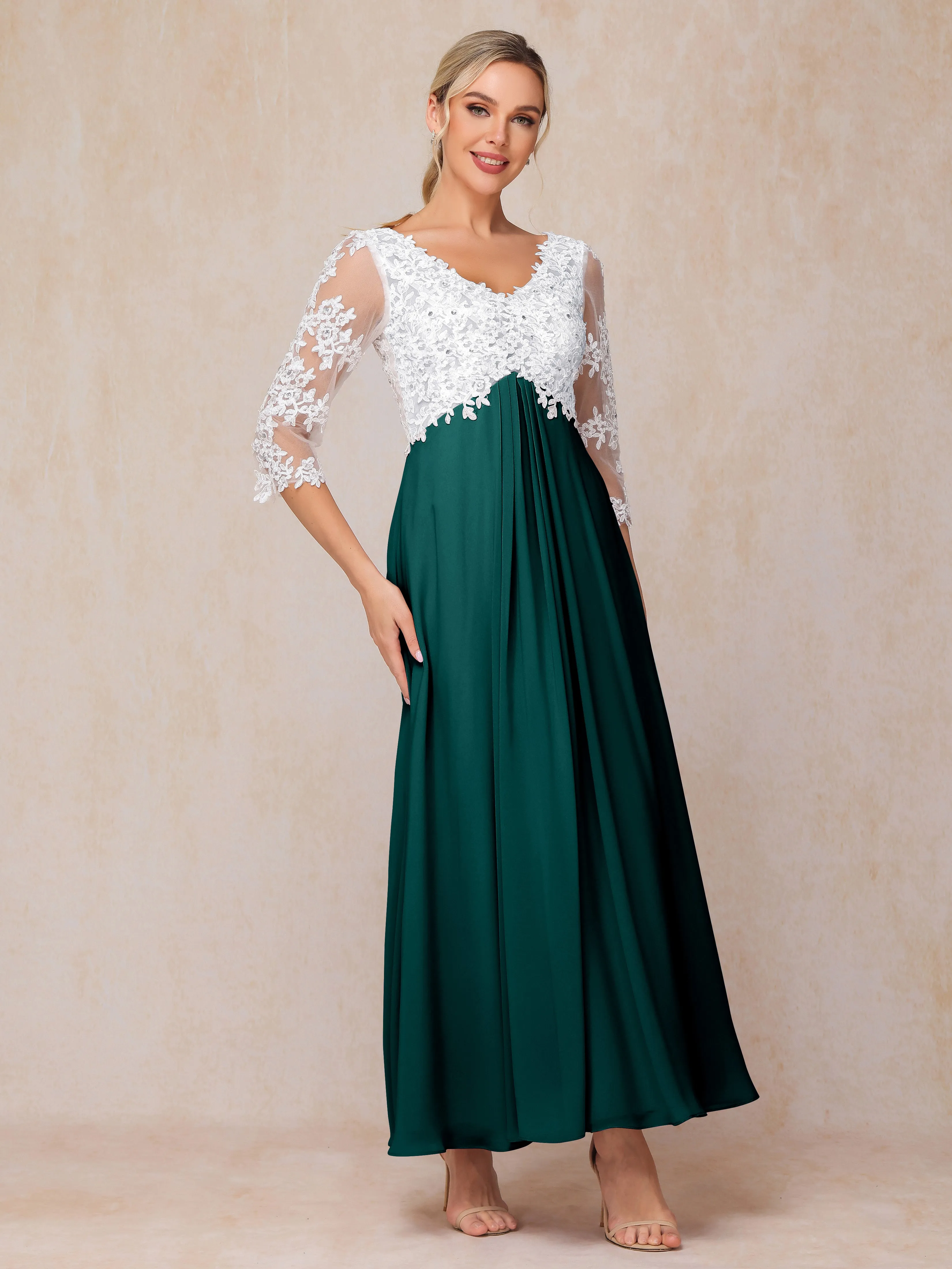 A-Line Lace Sleeves Long Chiffon Mother of the Bride Dress