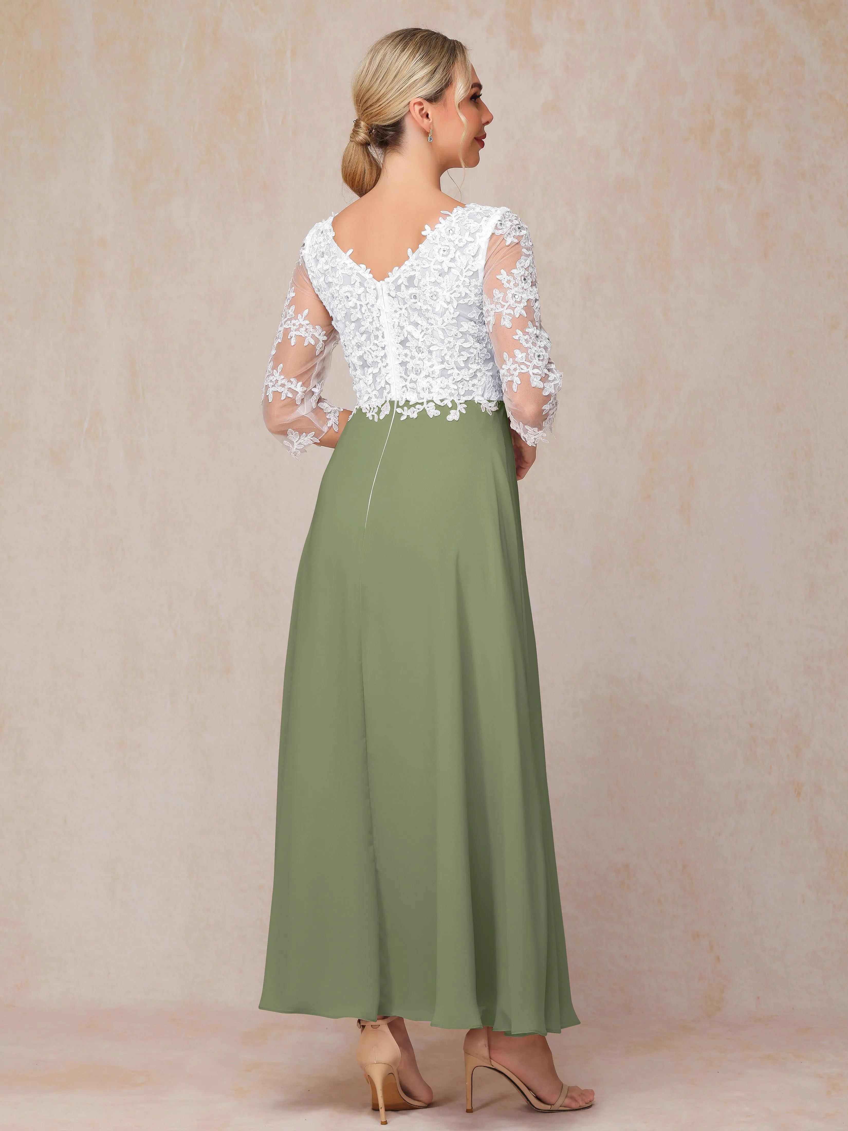 A-Line Lace Sleeves Long Chiffon Mother of the Bride Dress