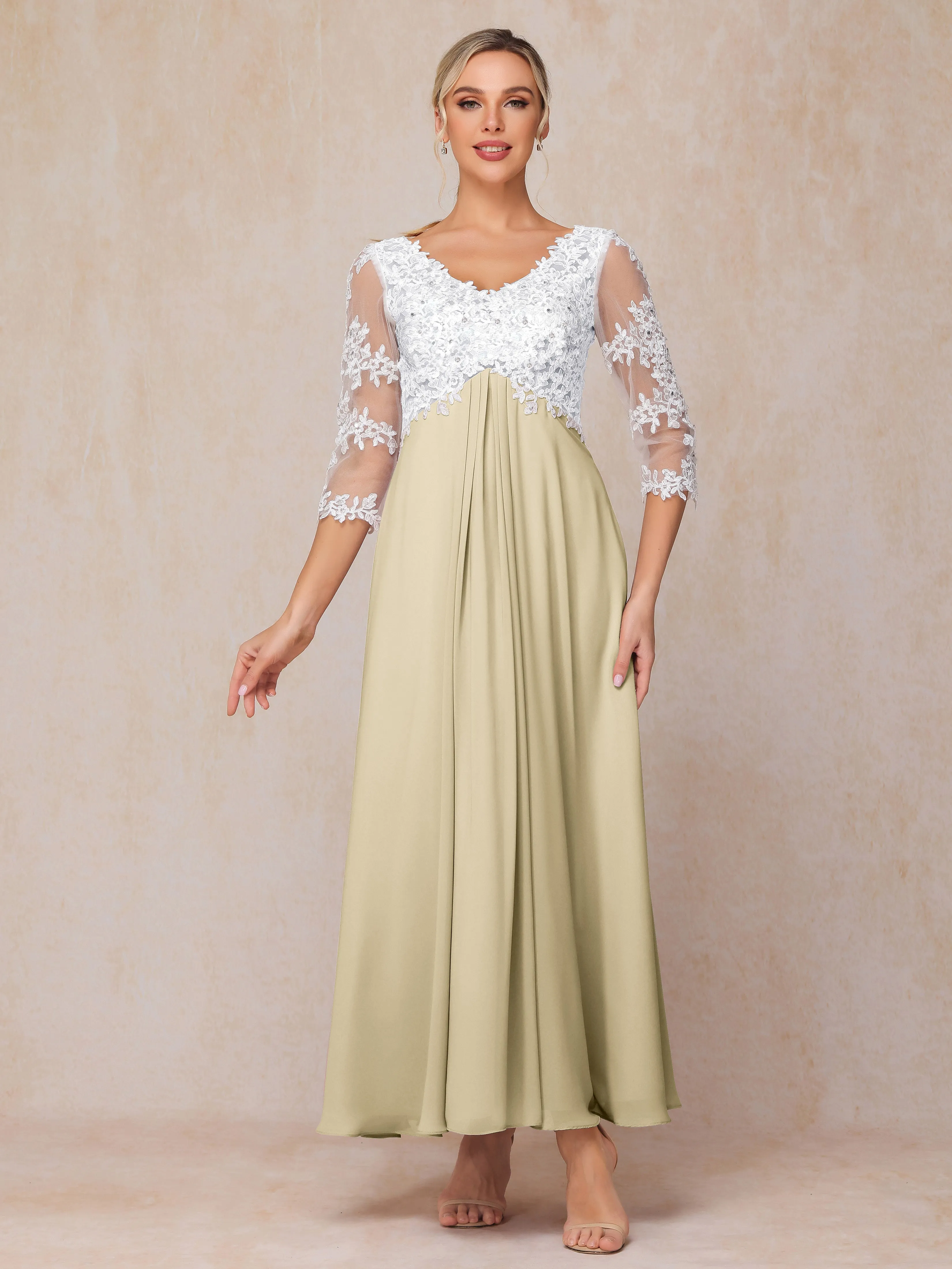 A-Line Lace Sleeves Long Chiffon Mother of the Bride Dress