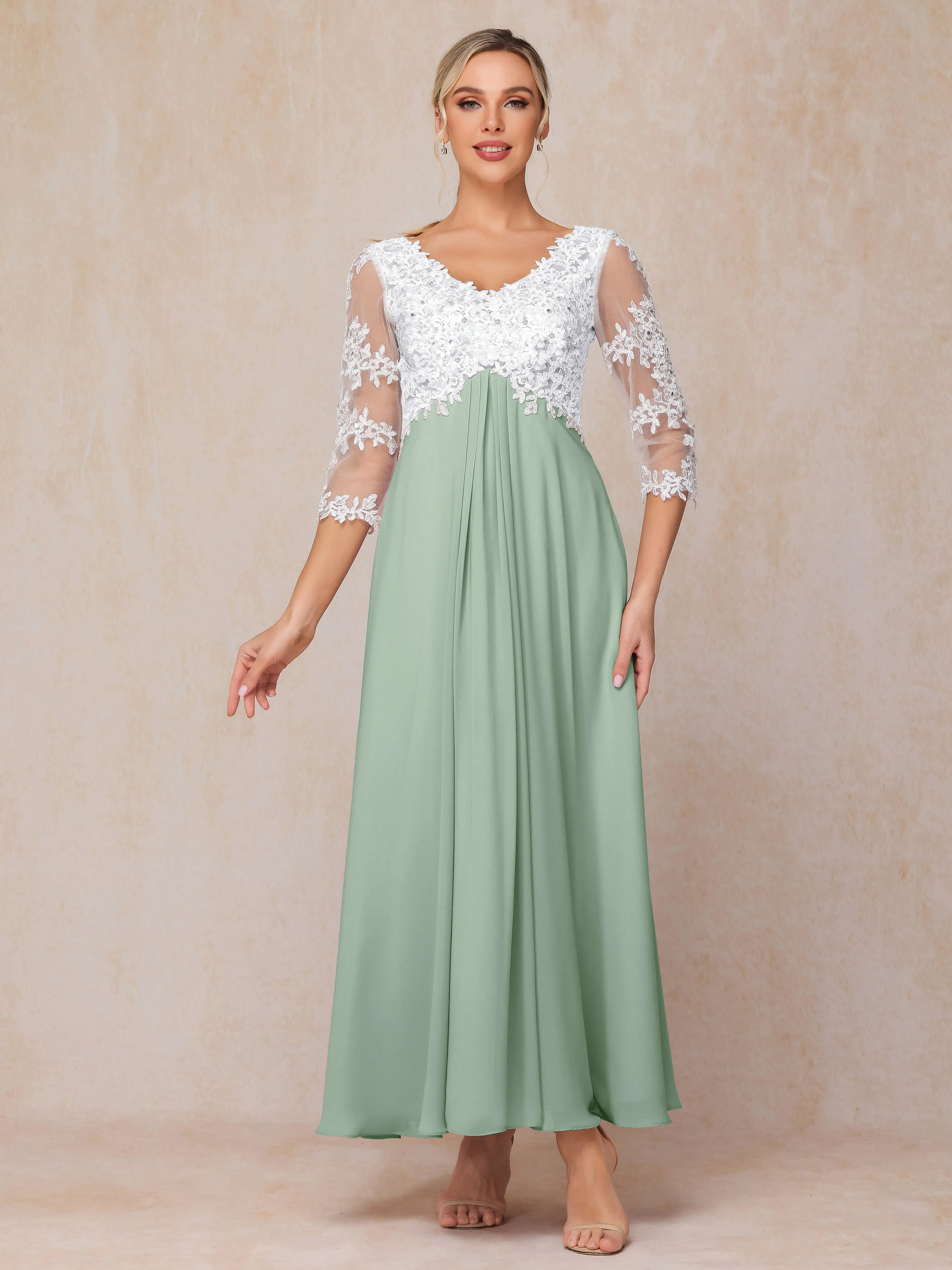 A-Line Lace Sleeves Long Chiffon Mother of the Bride Dress