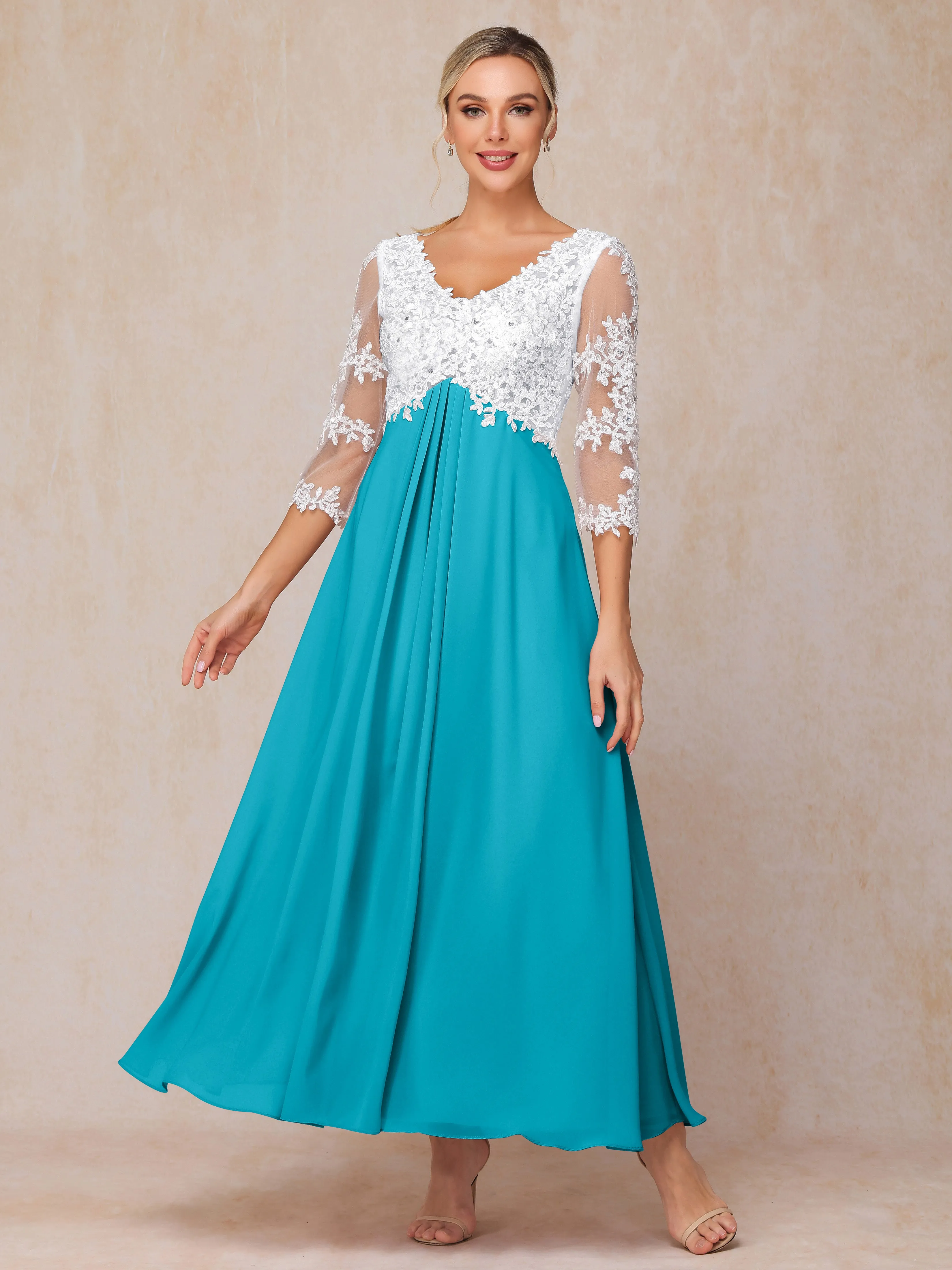 A-Line Lace Sleeves Long Chiffon Mother of the Bride Dress