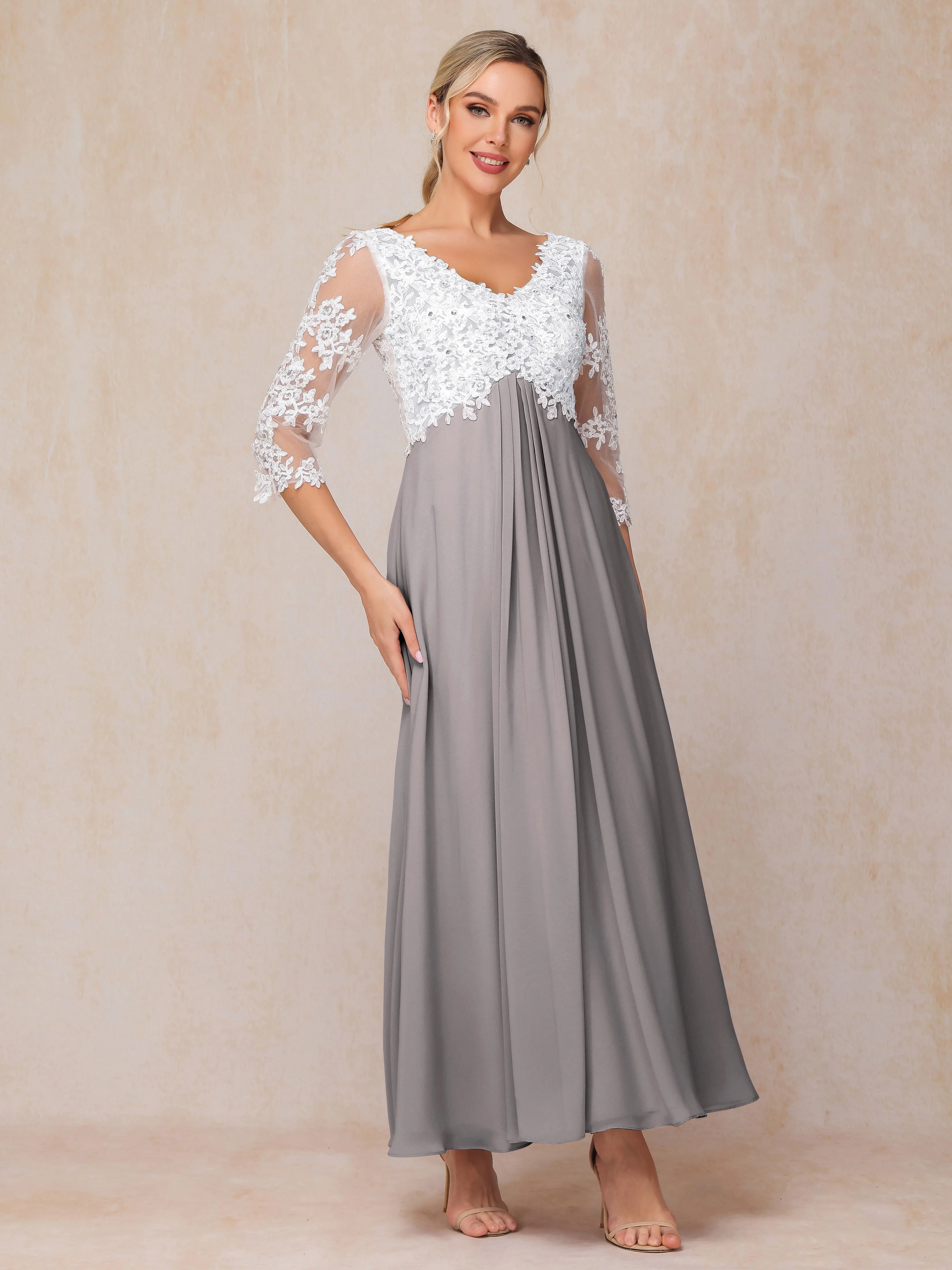 A-Line Lace Sleeves Long Chiffon Mother of the Bride Dress