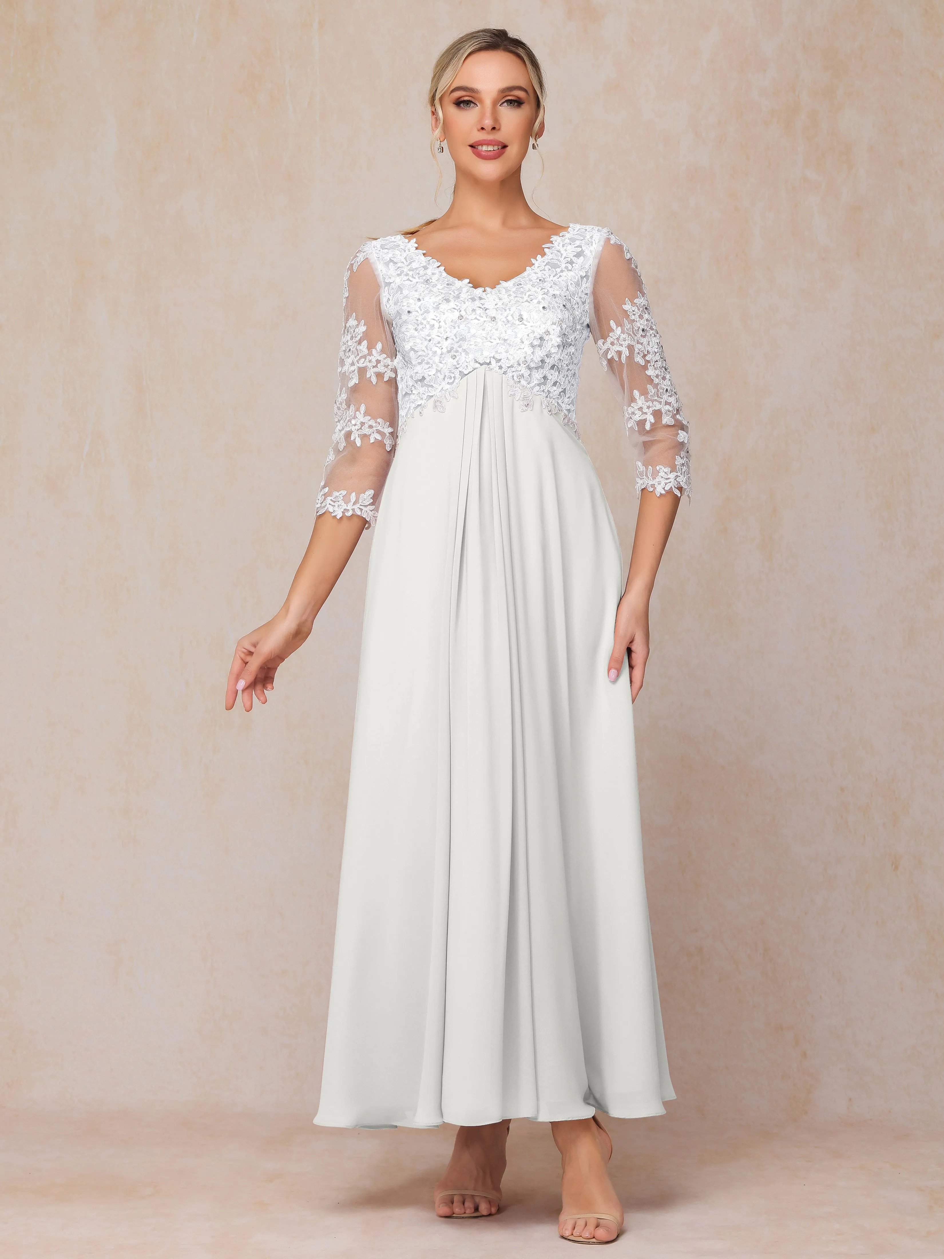 A-Line Lace Sleeves Long Chiffon Mother of the Bride Dress