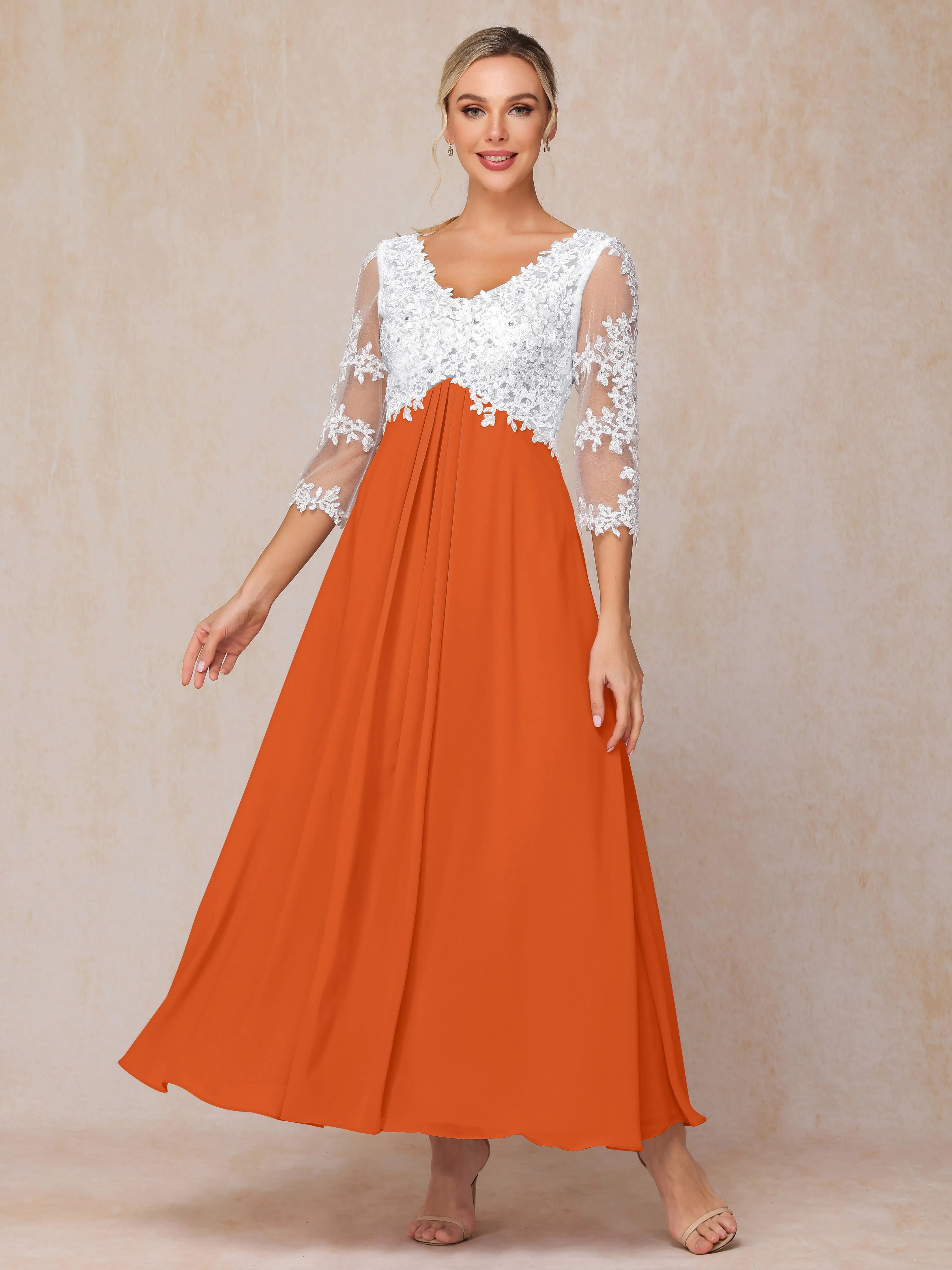 A-Line Lace Sleeves Long Chiffon Mother of the Bride Dress