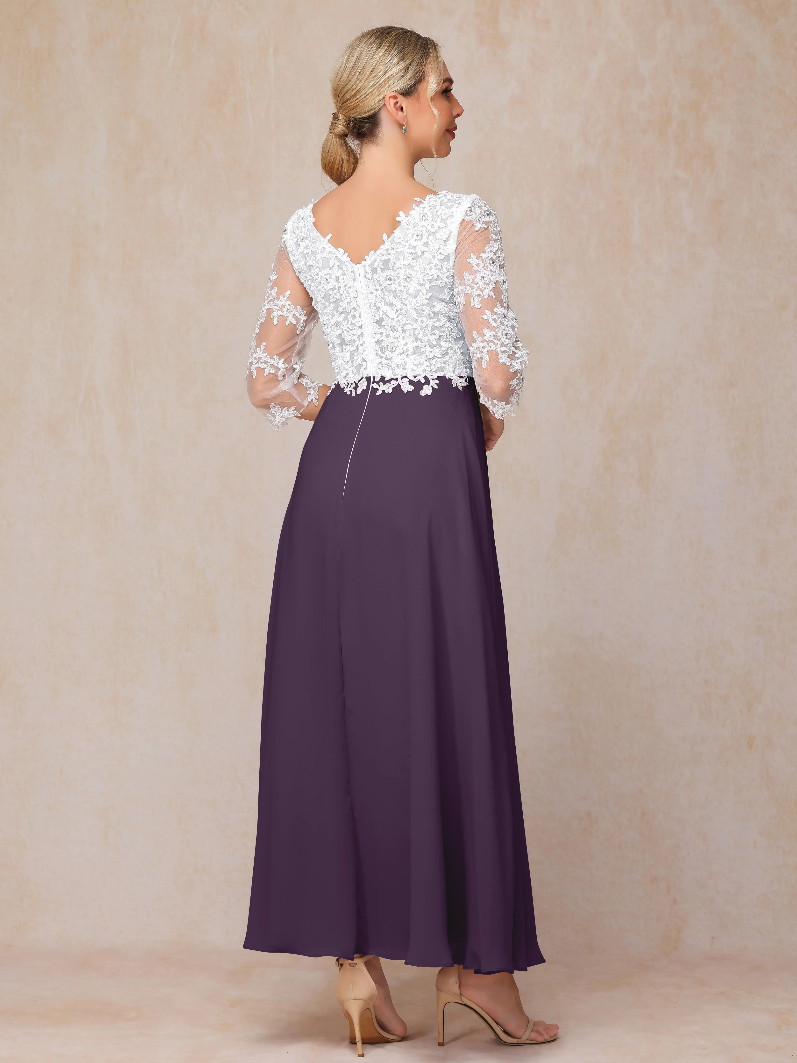 A-Line Lace Sleeves Long Chiffon Mother of the Bride Dress