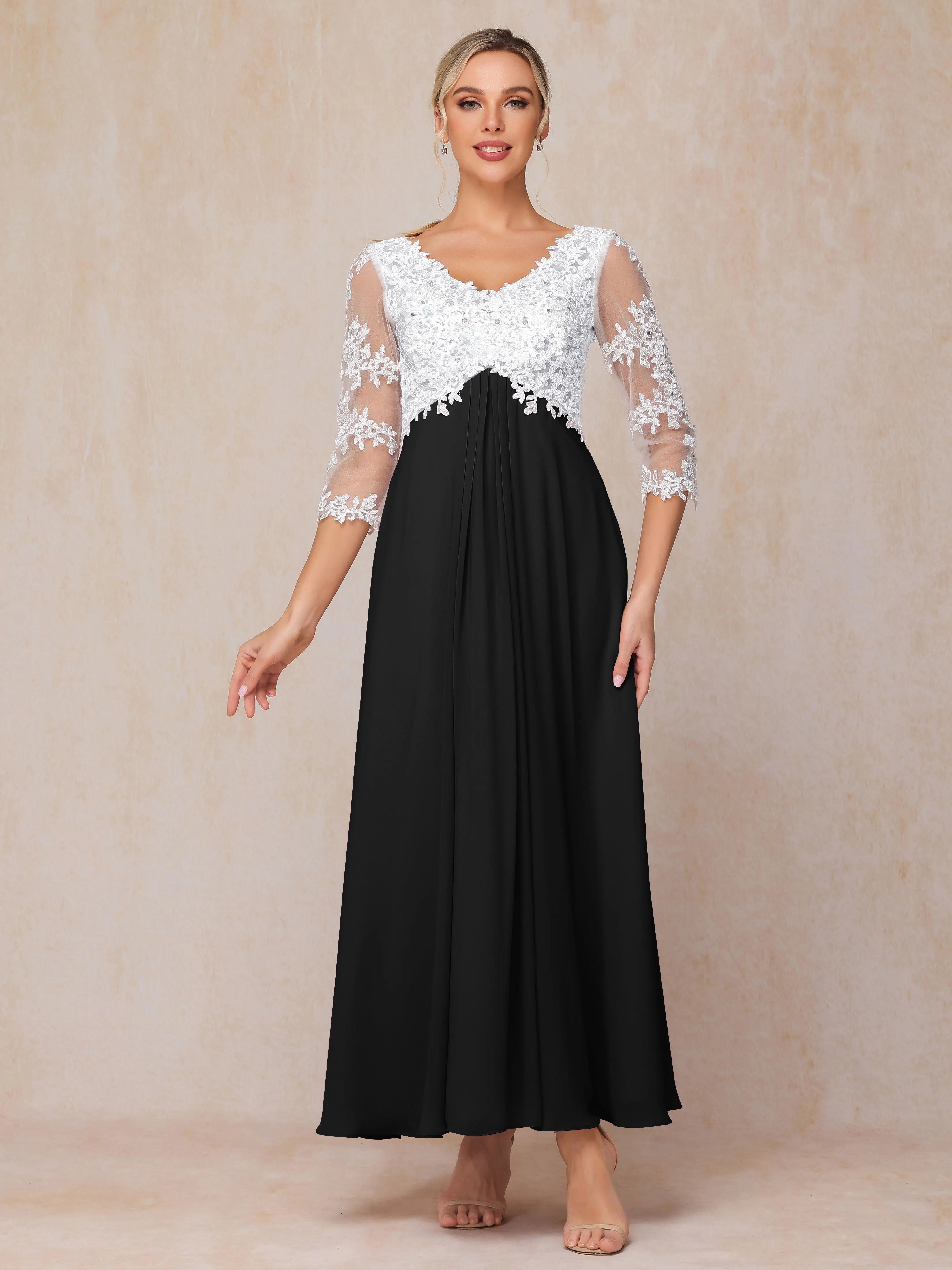 A-Line Lace Sleeves Long Chiffon Mother of the Bride Dress