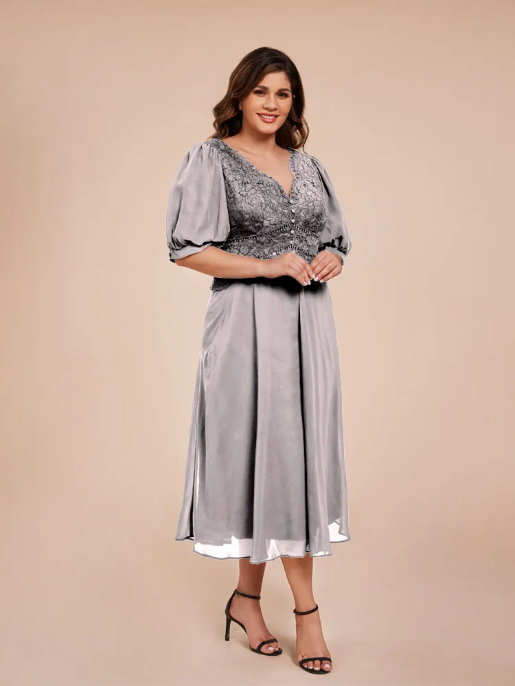 A-Line Lantern Sleeves V-Neck Lace Top Chiffon Mother Of The Bride Dress