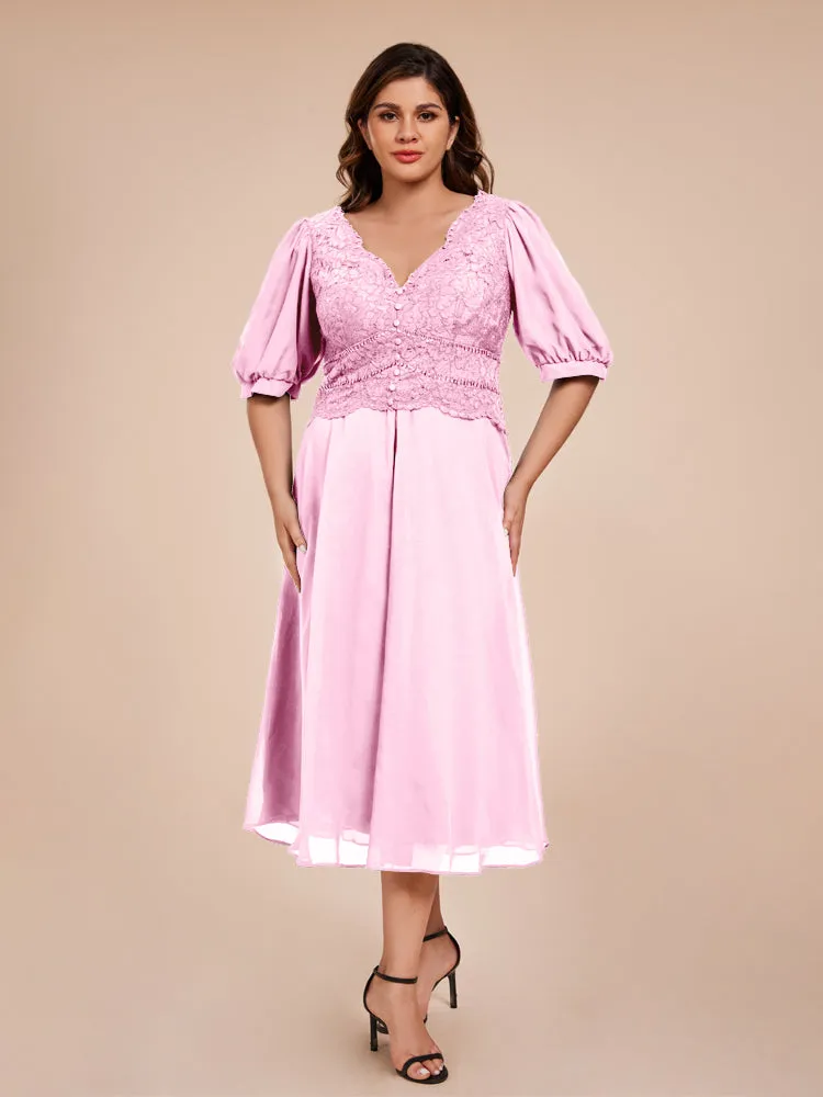 A-Line Lantern Sleeves V-Neck Lace Top Chiffon Mother Of The Bride Dress