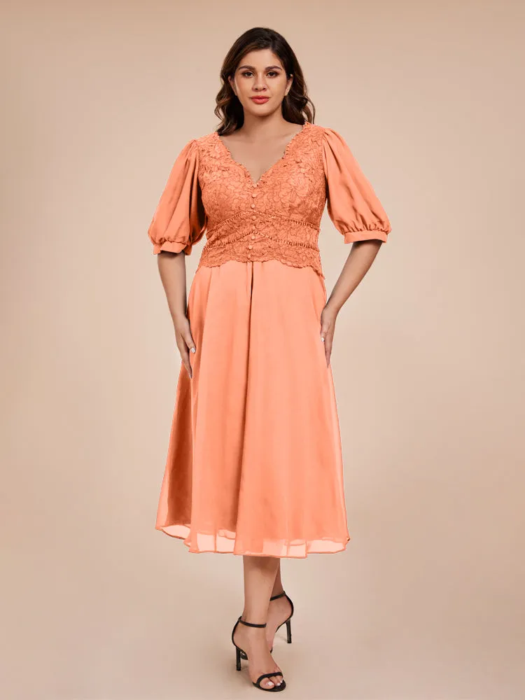 A-Line Lantern Sleeves V-Neck Lace Top Chiffon Mother Of The Bride Dress