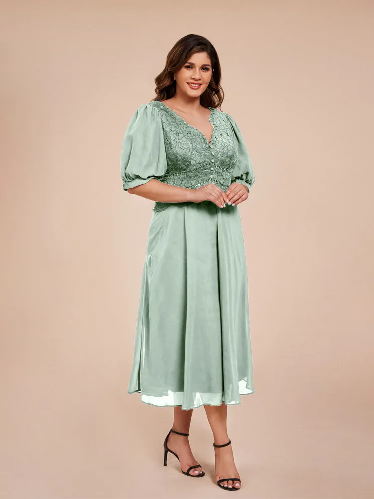 A-Line Lantern Sleeves V-Neck Lace Top Chiffon Mother Of The Bride Dress