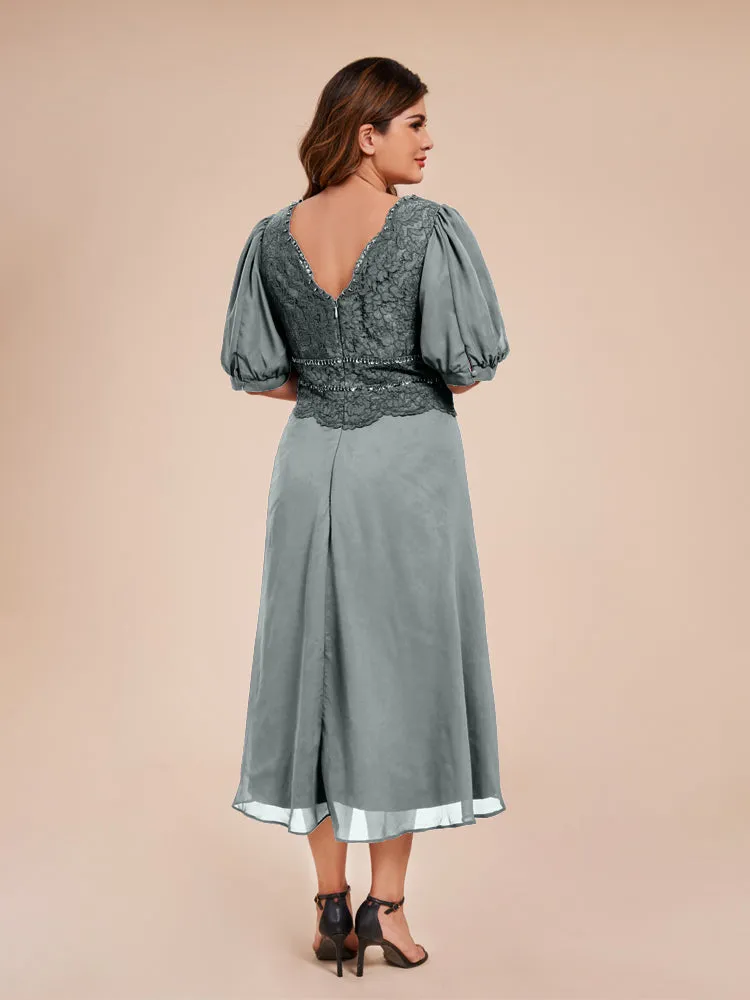 A-Line Lantern Sleeves V-Neck Lace Top Chiffon Mother Of The Bride Dress