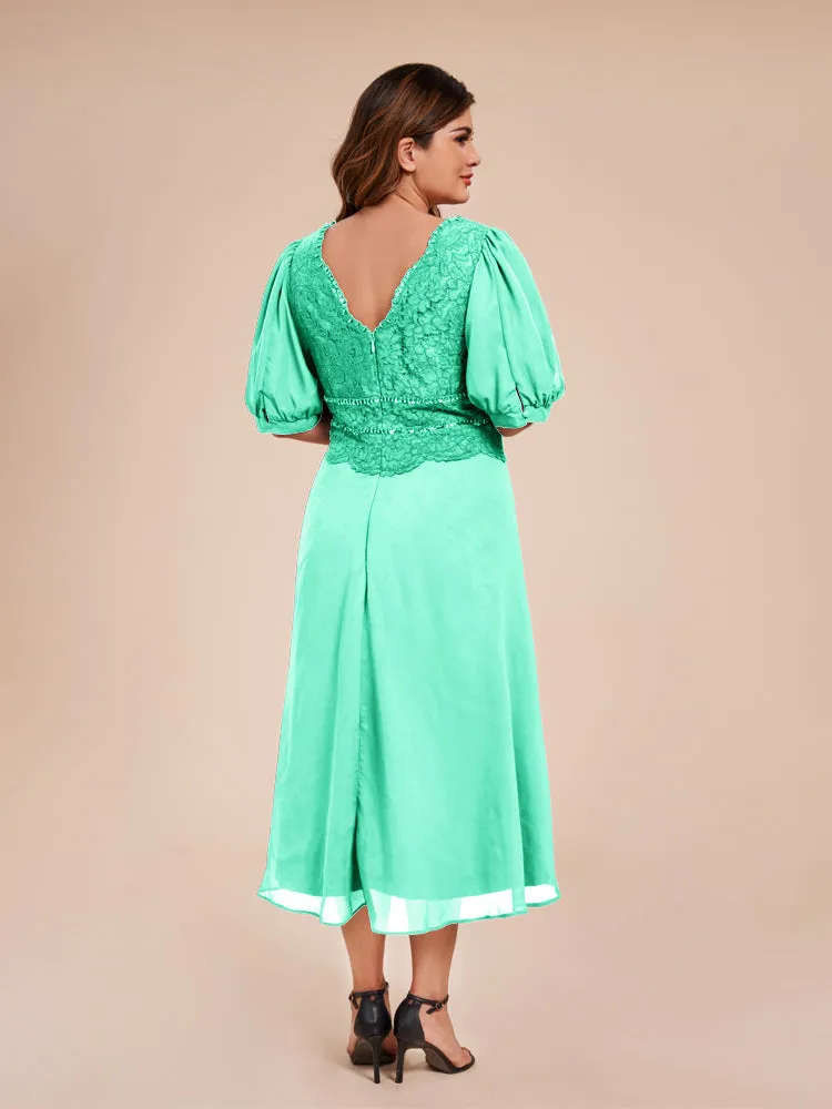 A-Line Lantern Sleeves V-Neck Lace Top Chiffon Mother Of The Bride Dress