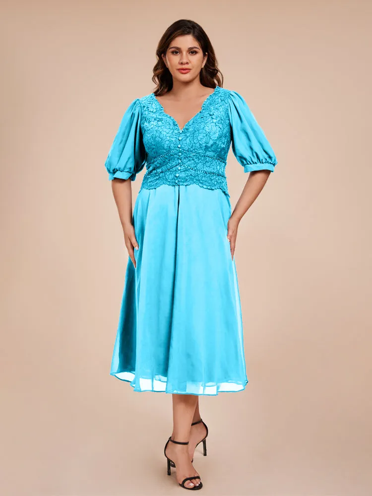 A-Line Lantern Sleeves V-Neck Lace Top Chiffon Mother Of The Bride Dress