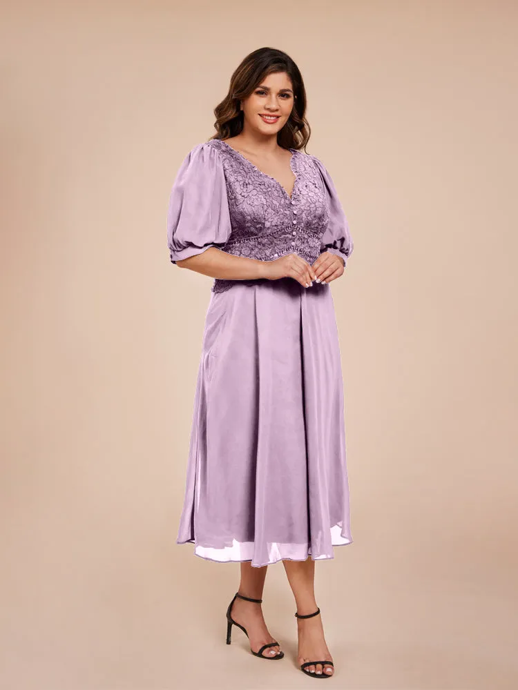 A-Line Lantern Sleeves V-Neck Lace Top Chiffon Mother Of The Bride Dress