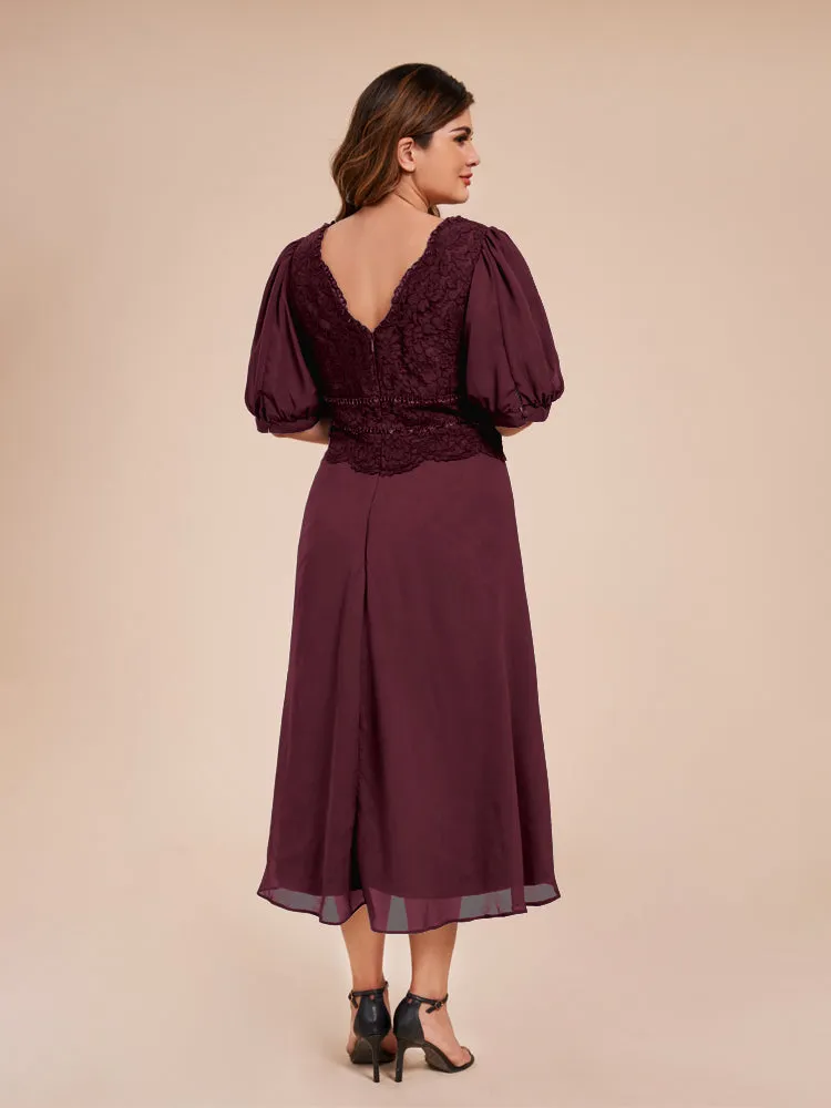 A-Line Lantern Sleeves V-Neck Lace Top Chiffon Mother Of The Bride Dress