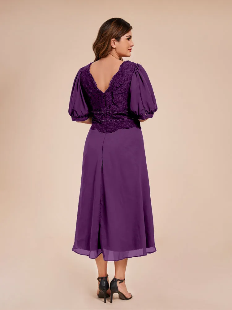 A-Line Lantern Sleeves V-Neck Lace Top Chiffon Mother Of The Bride Dress