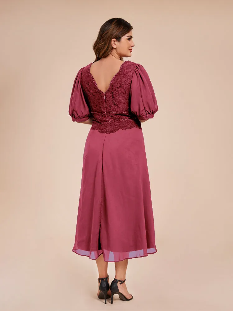 A-Line Lantern Sleeves V-Neck Lace Top Chiffon Mother Of The Bride Dress