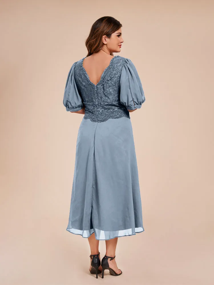 A-Line Lantern Sleeves V-Neck Lace Top Chiffon Mother Of The Bride Dress