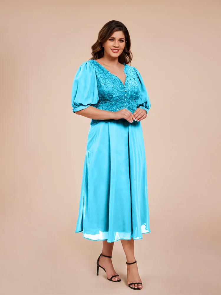 A-Line Lantern Sleeves V-Neck Lace Top Chiffon Mother Of The Bride Dress