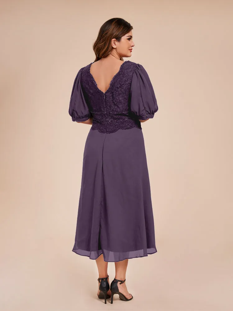 A-Line Lantern Sleeves V-Neck Lace Top Chiffon Mother Of The Bride Dress