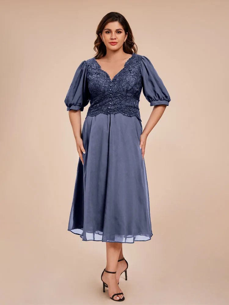 A-Line Lantern Sleeves V-Neck Lace Top Chiffon Mother Of The Bride Dress