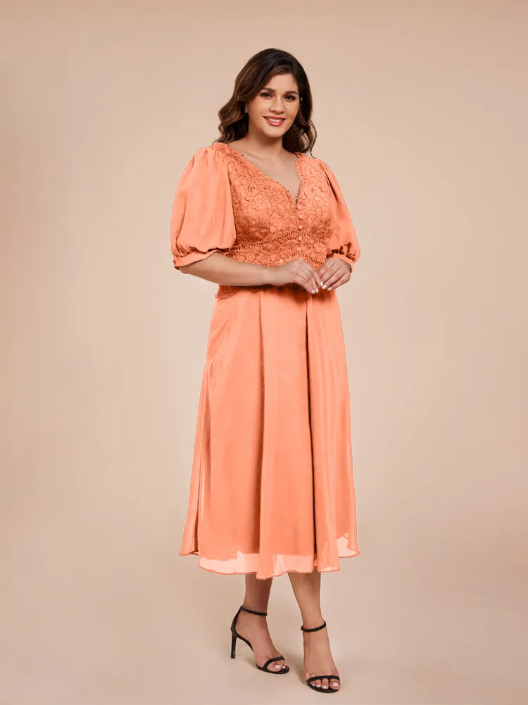 A-Line Lantern Sleeves V-Neck Lace Top Chiffon Mother Of The Bride Dress