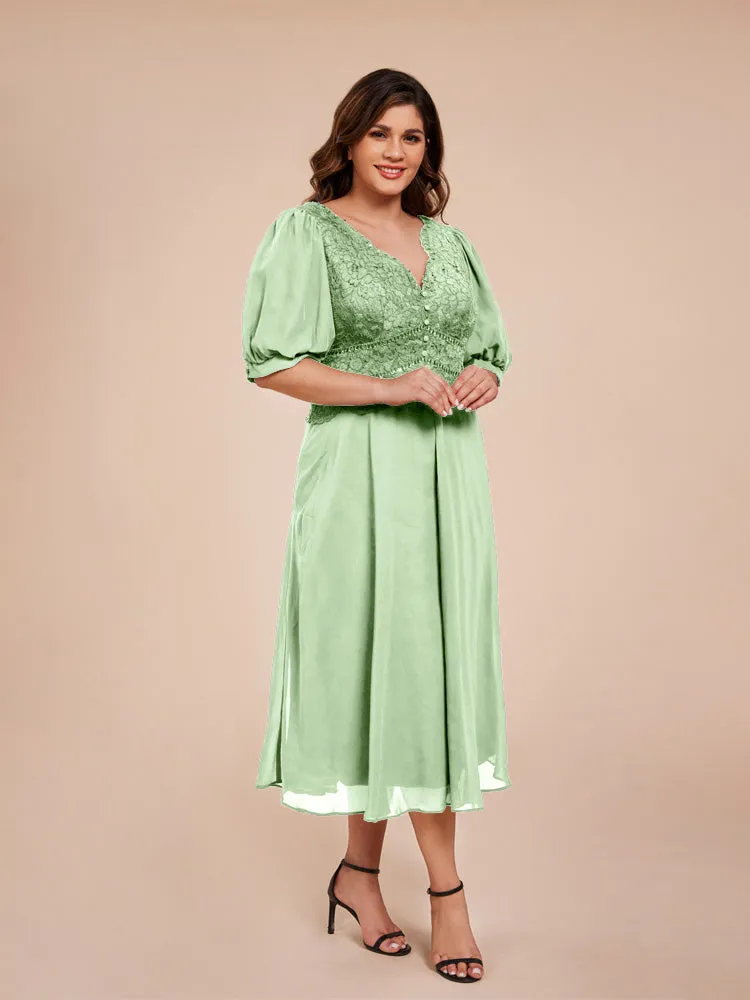 A-Line Lantern Sleeves V-Neck Lace Top Chiffon Mother Of The Bride Dress