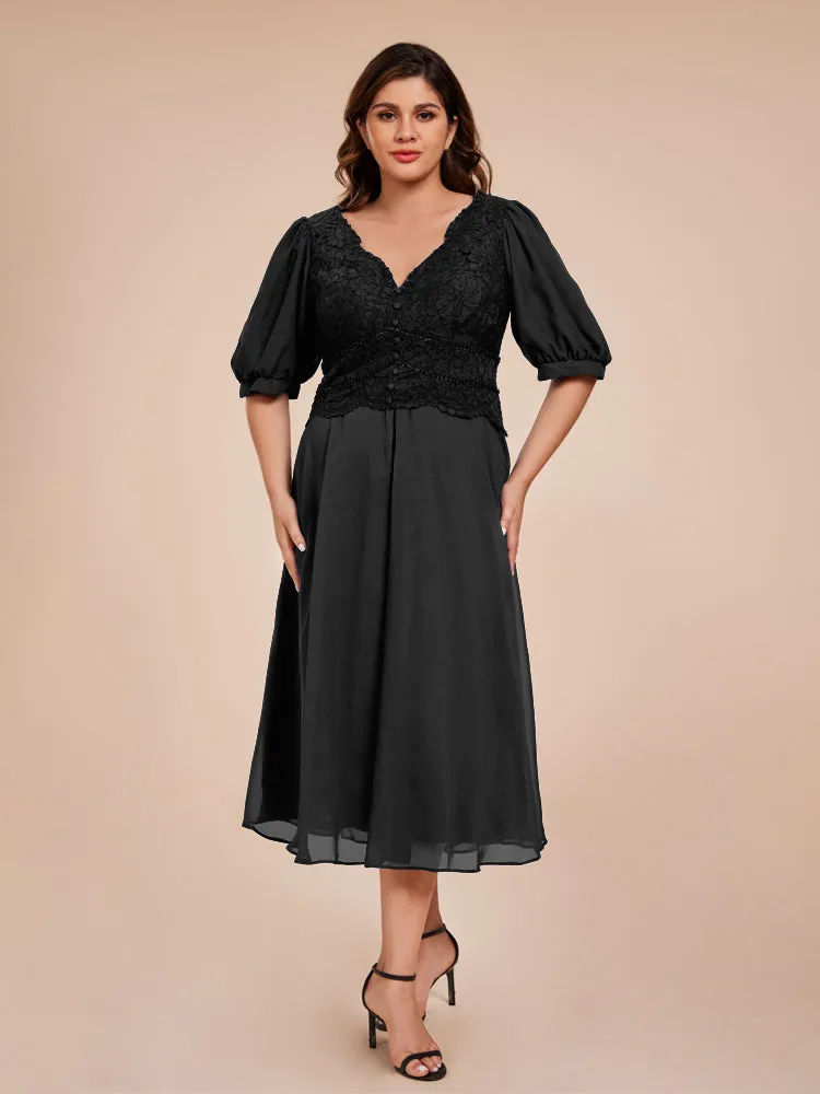 A-Line Lantern Sleeves V-Neck Lace Top Chiffon Mother Of The Bride Dress