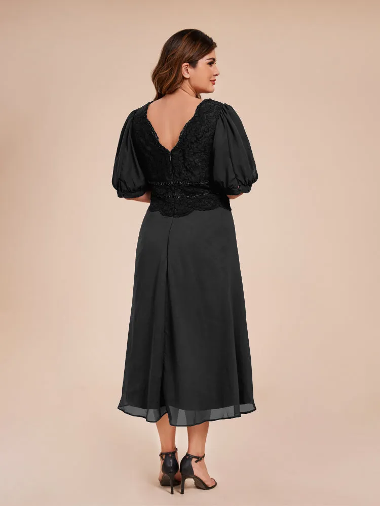 A-Line Lantern Sleeves V-Neck Lace Top Chiffon Mother Of The Bride Dress