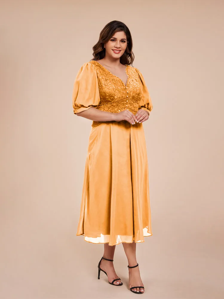 A-Line Lantern Sleeves V-Neck Lace Top Chiffon Mother Of The Bride Dress