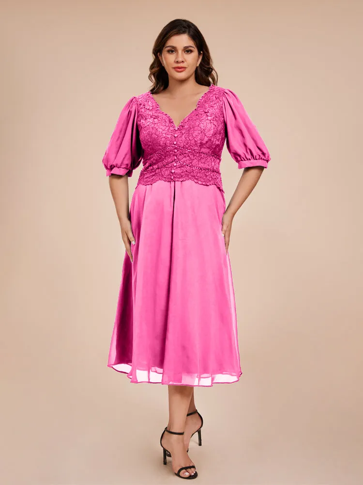 A-Line Lantern Sleeves V-Neck Lace Top Chiffon Mother Of The Bride Dress